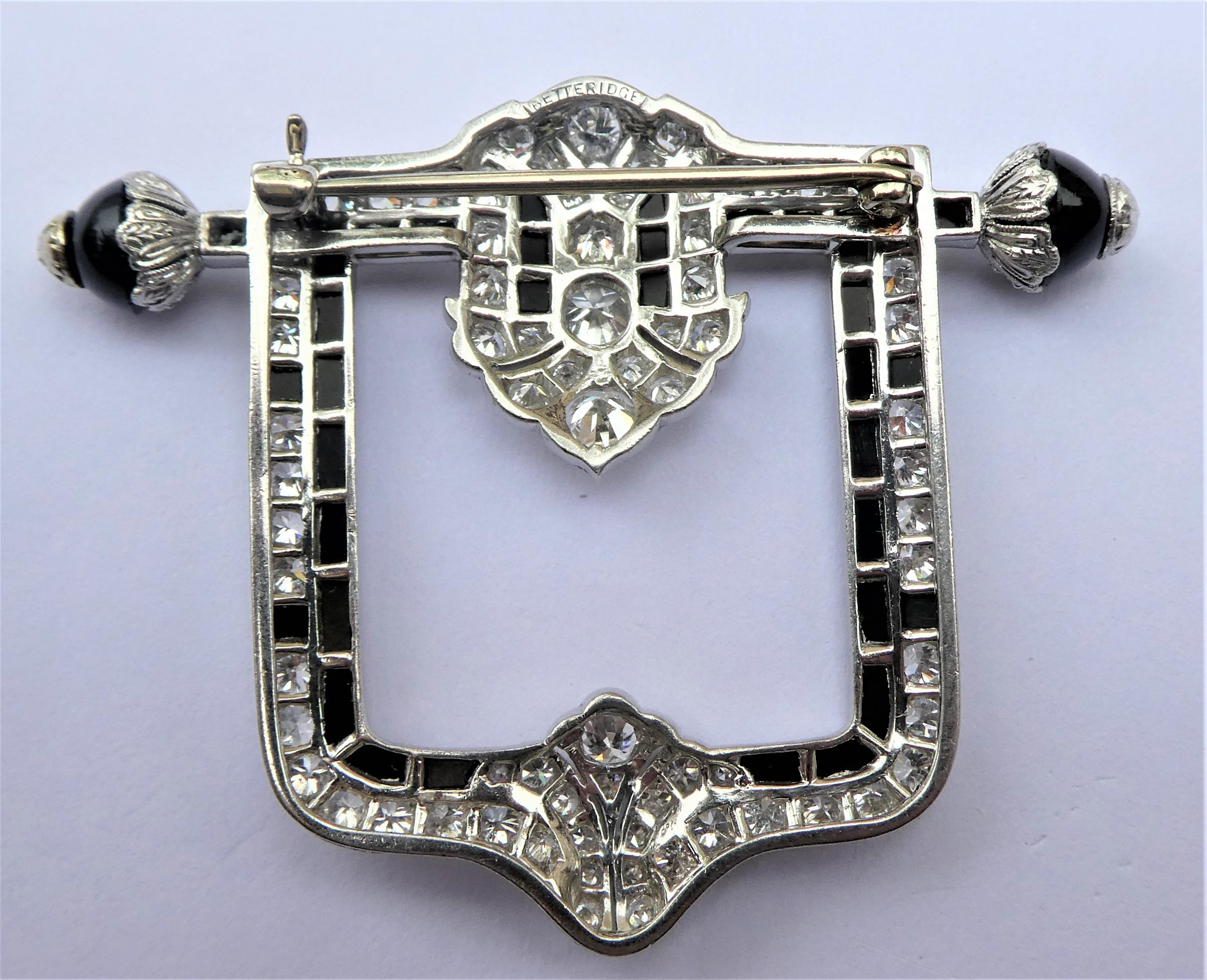 Round Cut Betteridge Art Deco Diamonds Onyx Buckle Brooch For Sale