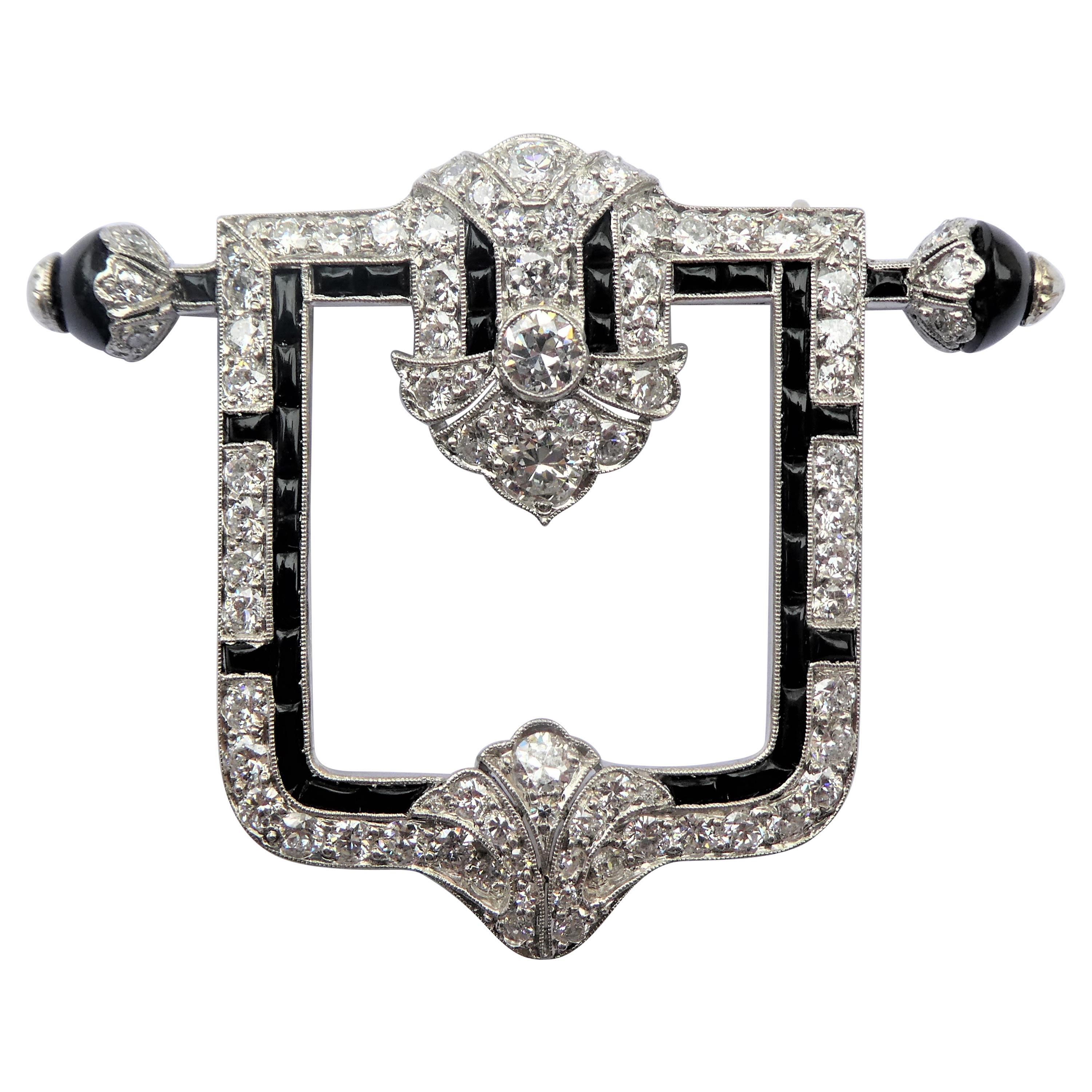 Betteridge Art Deco Diamonds Onyx Buckle Brooch For Sale