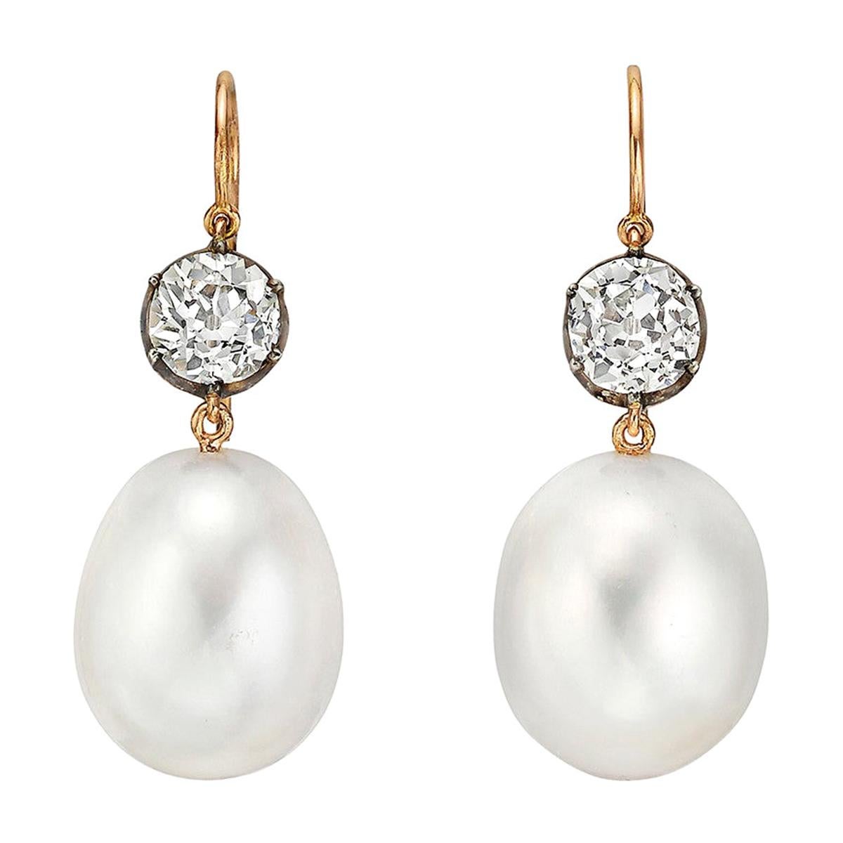 Betteridge South Sea Pearl and Old Mine Diamond Drop Earrings