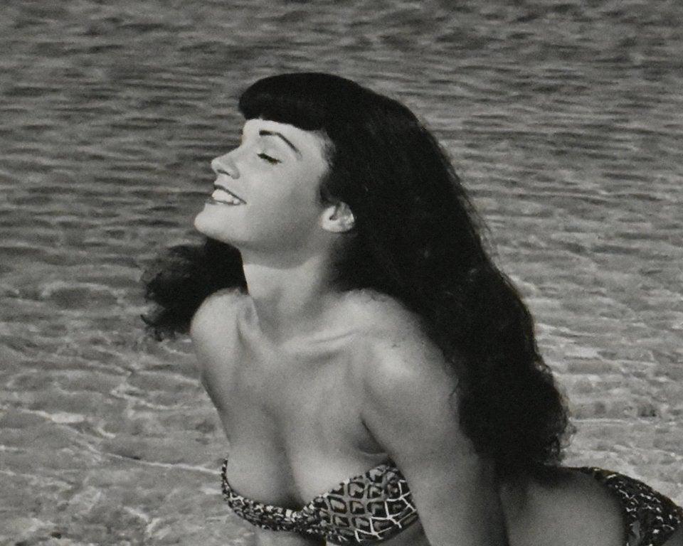 Mid-20th Century Bettie Page 'Kneeling in Surf', Key Biscayne, FL, 1954
