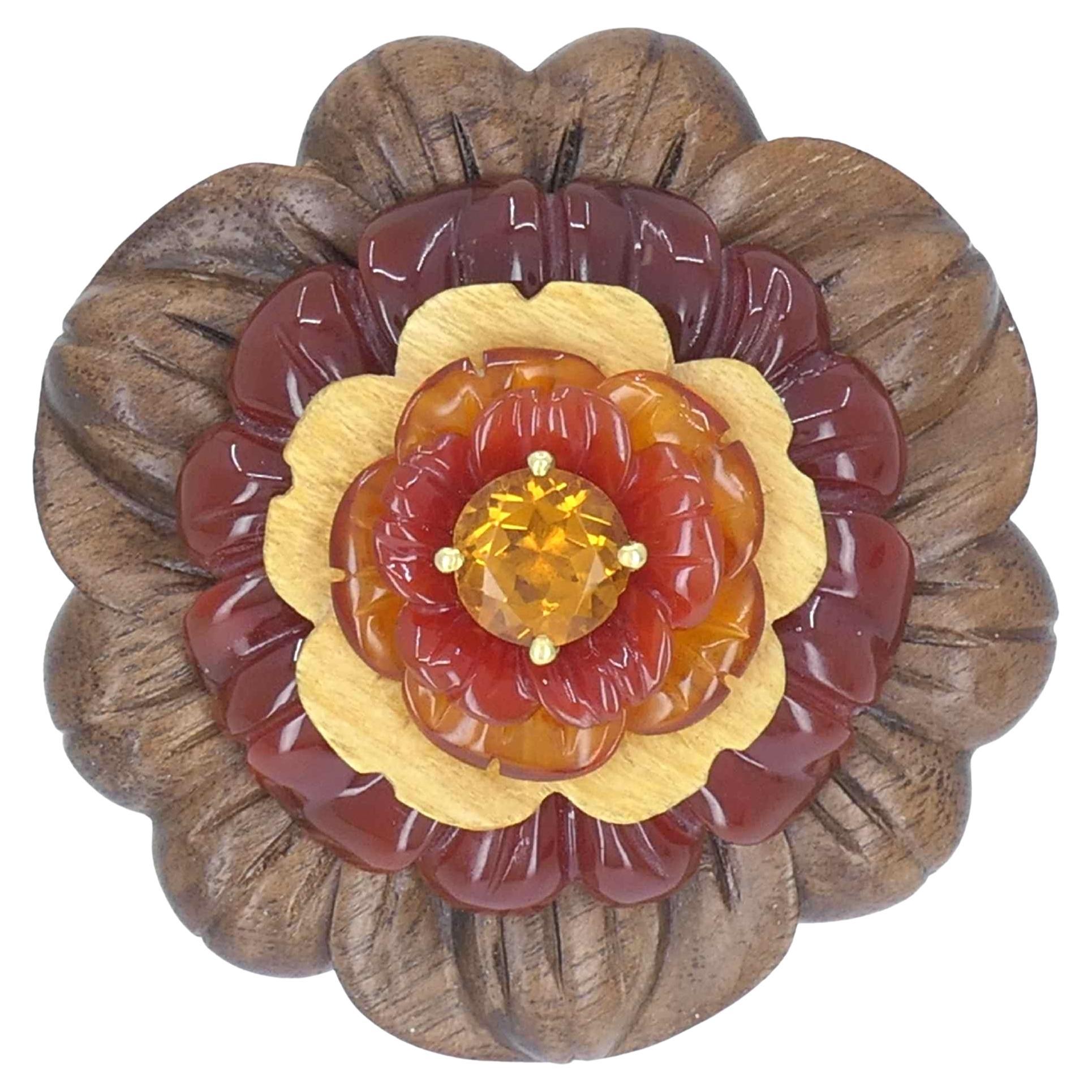 Bettina Gabetti for Trianon Flower Brooch 18k Gold Carved Wood Carnelian Citrine For Sale