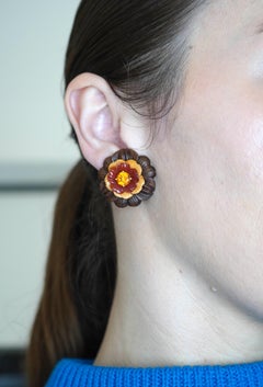 Bettina Gabetti for Trianon Flower Earrings 18k Gold Wood Carnelian Citrine