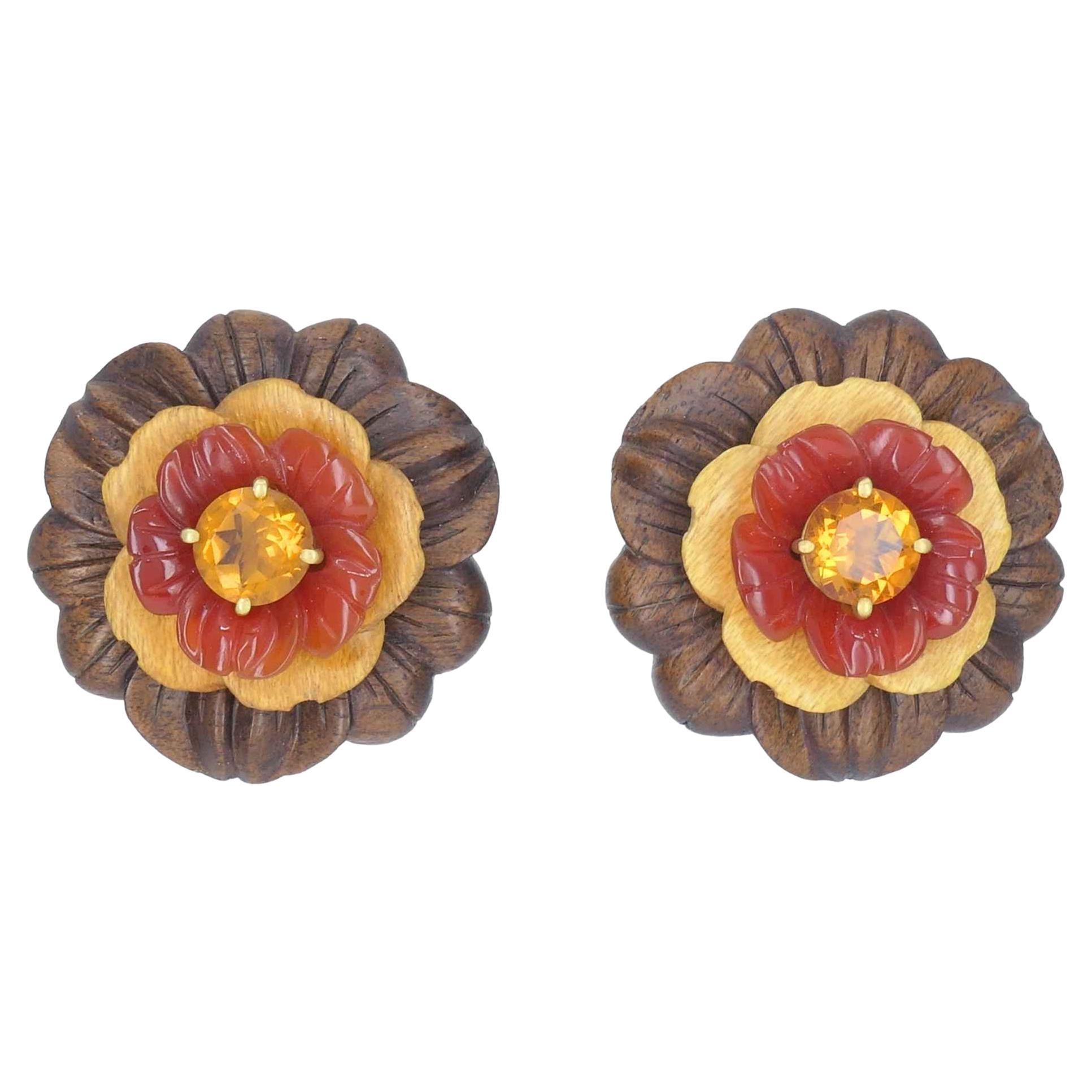 Bettina Gabetti for Trianon Flower Earrings 18k Gold Wood Carnelian Citrine
