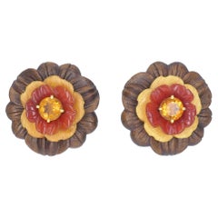 Bettina Gabetti for Trianon Flower Earrings 18k Gold Wood Carnelian Citrine