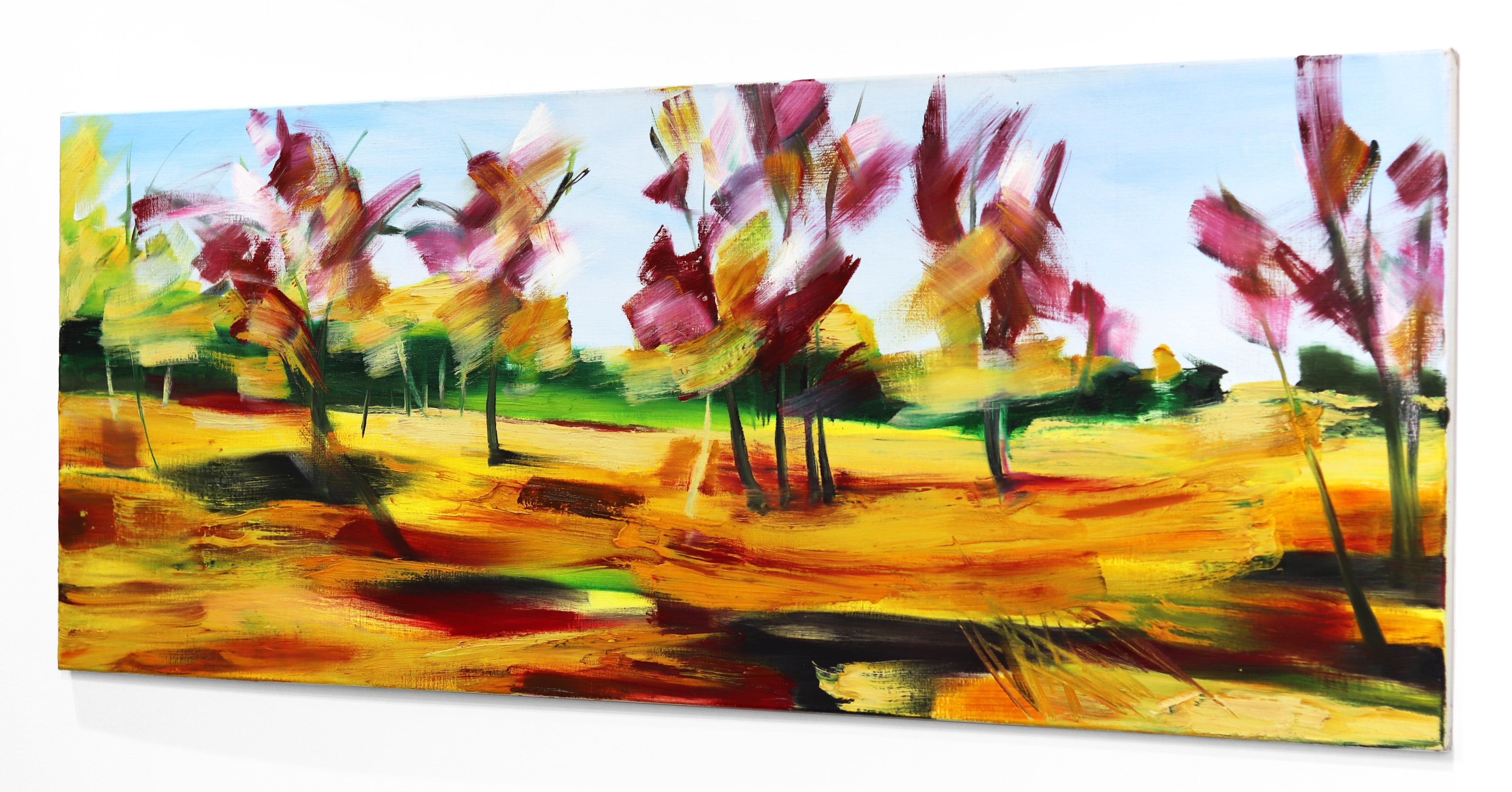 Autumn - Serene Red and Yellow Contemporary Landscape Oil Painting Meadow Field For Sale 2