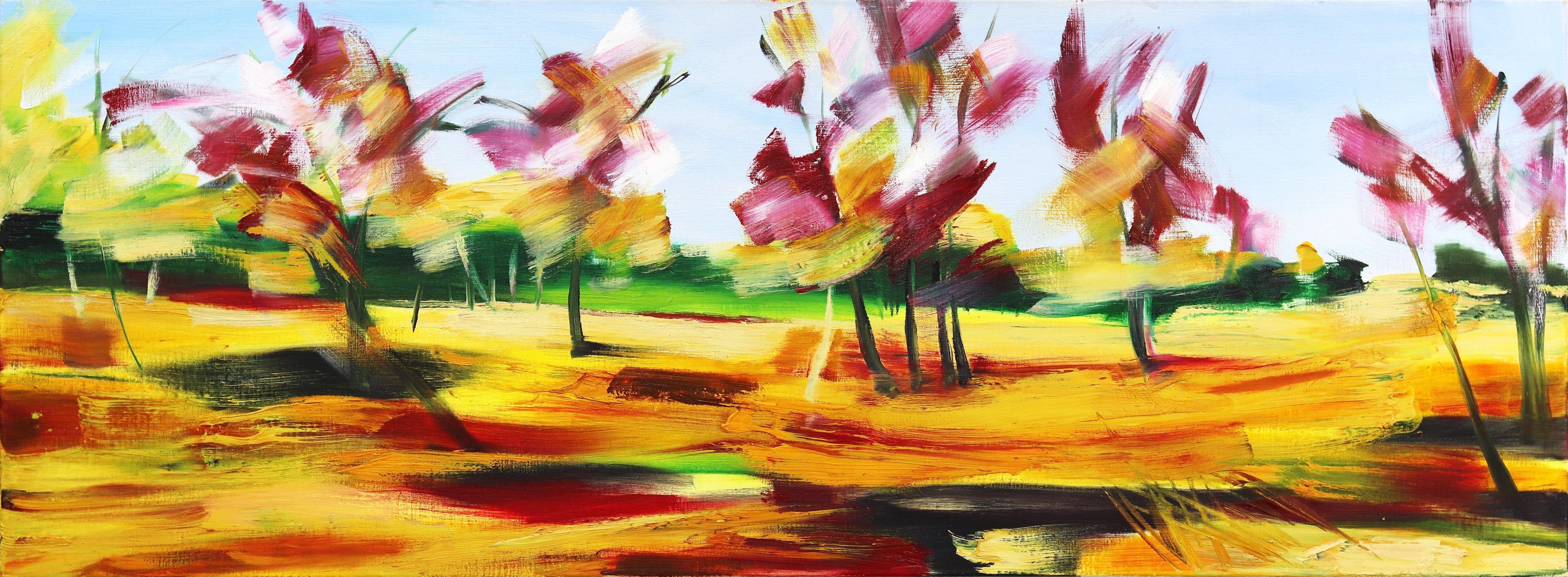 Bettina Mauel Landscape Painting - Autumn - Serene Red and Yellow Contemporary Landscape Oil Painting Meadow Field