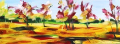 Automne - Serein Rouge et Jaune Paysage Contemporain Peinture à l'huile Champ de Prairie