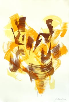Autumn Tree 2 - Original Abstract Yellow and Brown Tone Ink Painting on Paper