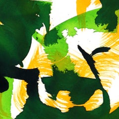 Autumn Tree 5 - Peinture abstraite à l'encre expressive de tonalité verte et jaune sur papier