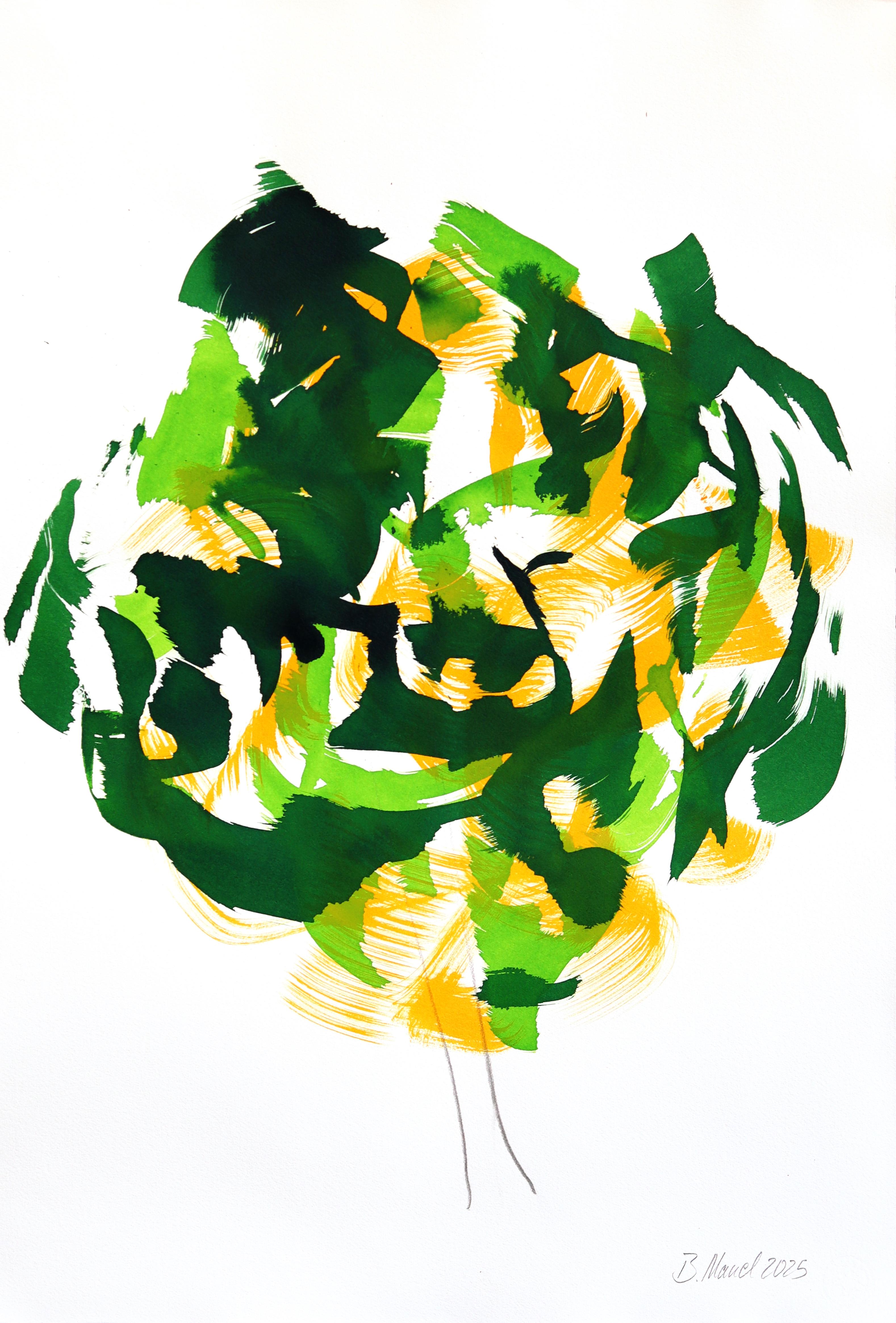 Autumn Tree 5 - Abstract Expressive Green Yellow Tone Ink Painting on Paper