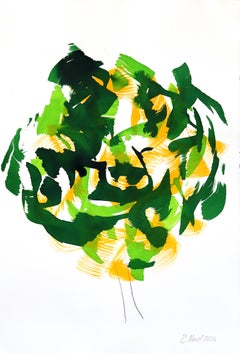 Albero d'autunno 5 - Pittura astratta espressiva a inchiostro con tonalità verde e gialla su carta