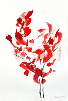 Herbstbaum 6 - Abstraktes ausdrucksstarkes Rot-Ton-Stillleben Tuschemalerei auf Papier