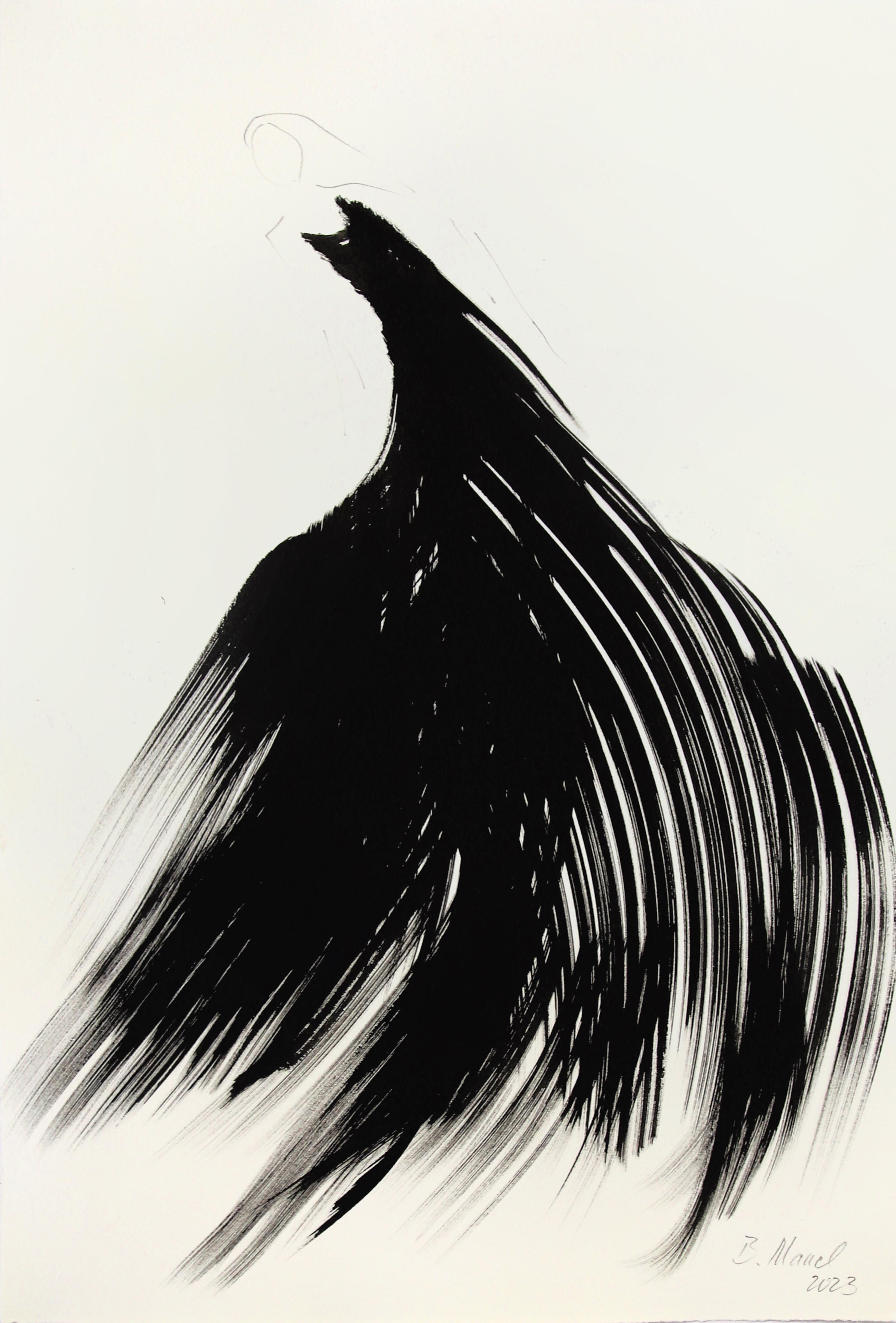 Bettina Mauel Abstract Painting - Black Beauty 4 - Monochrome Minimalist Figurative Ink Painting