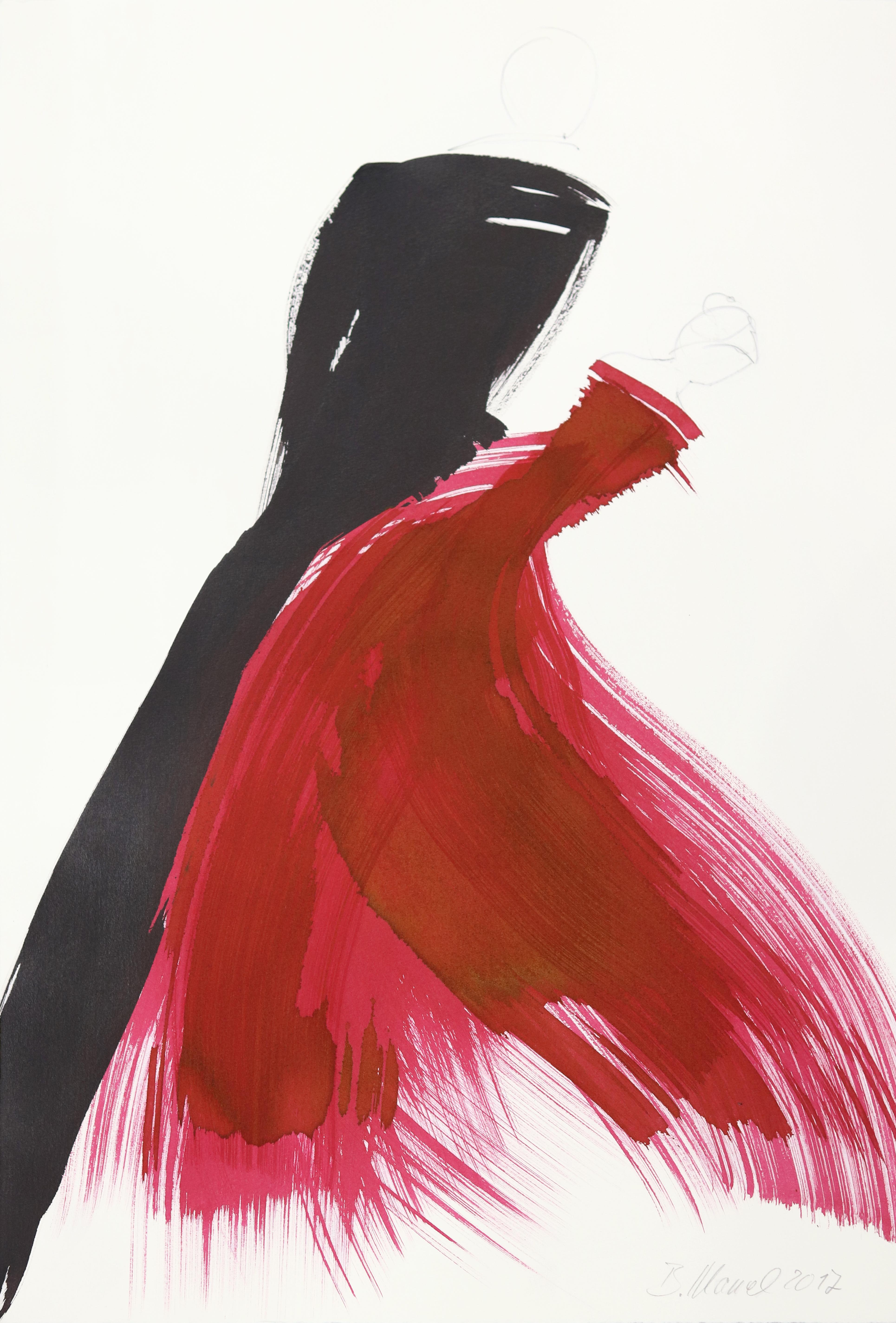 Abstract Painting de Bettina Mauel - Bailarinas 28 - Pintura Figurativa Minimalista Original Tinta Roja y Negra sobre Papel