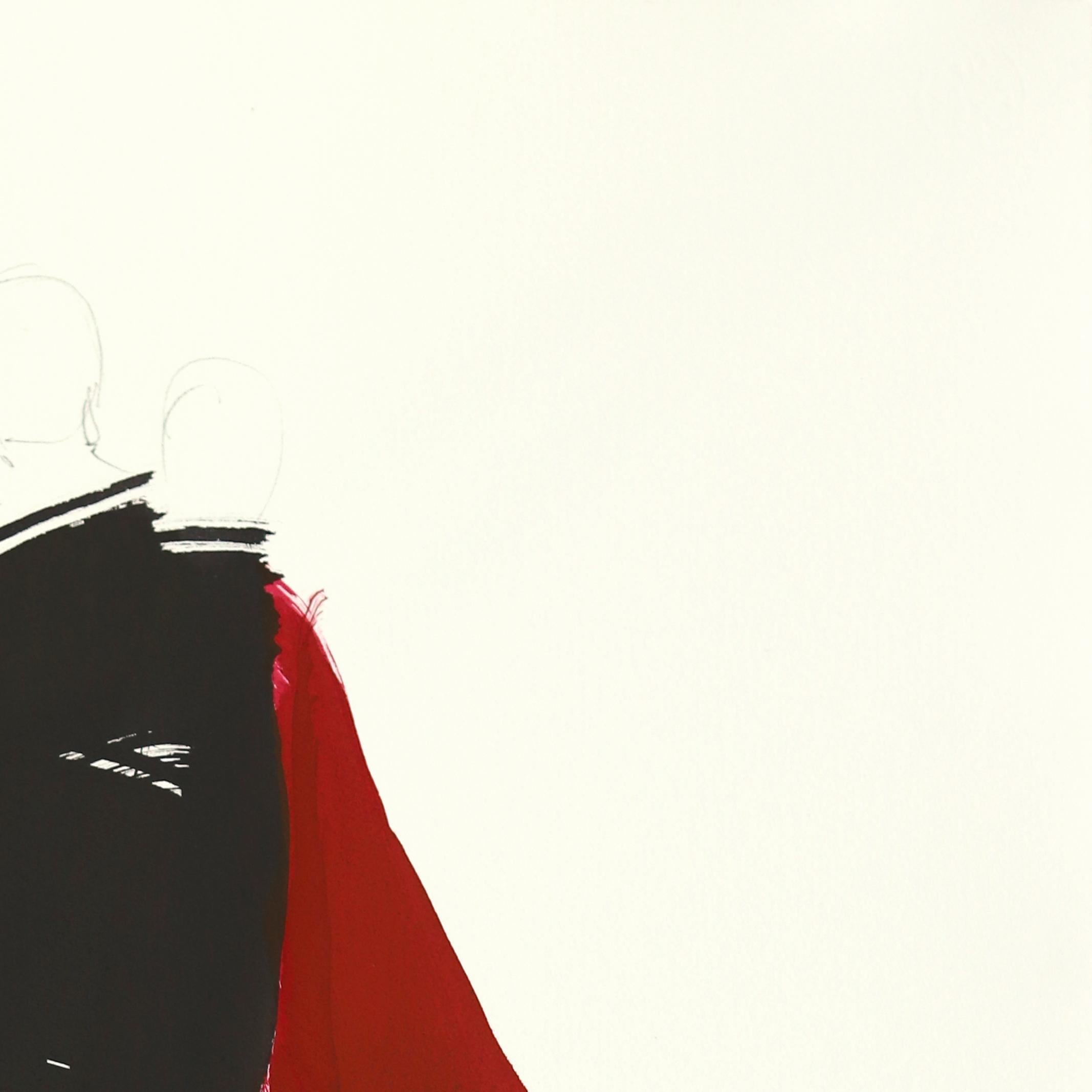 Ballerine 30 - Pittura figurativa minimalista originale con inchiostro rosso e nero su carta - Abstract Painting Bianco di Bettina Mauel
