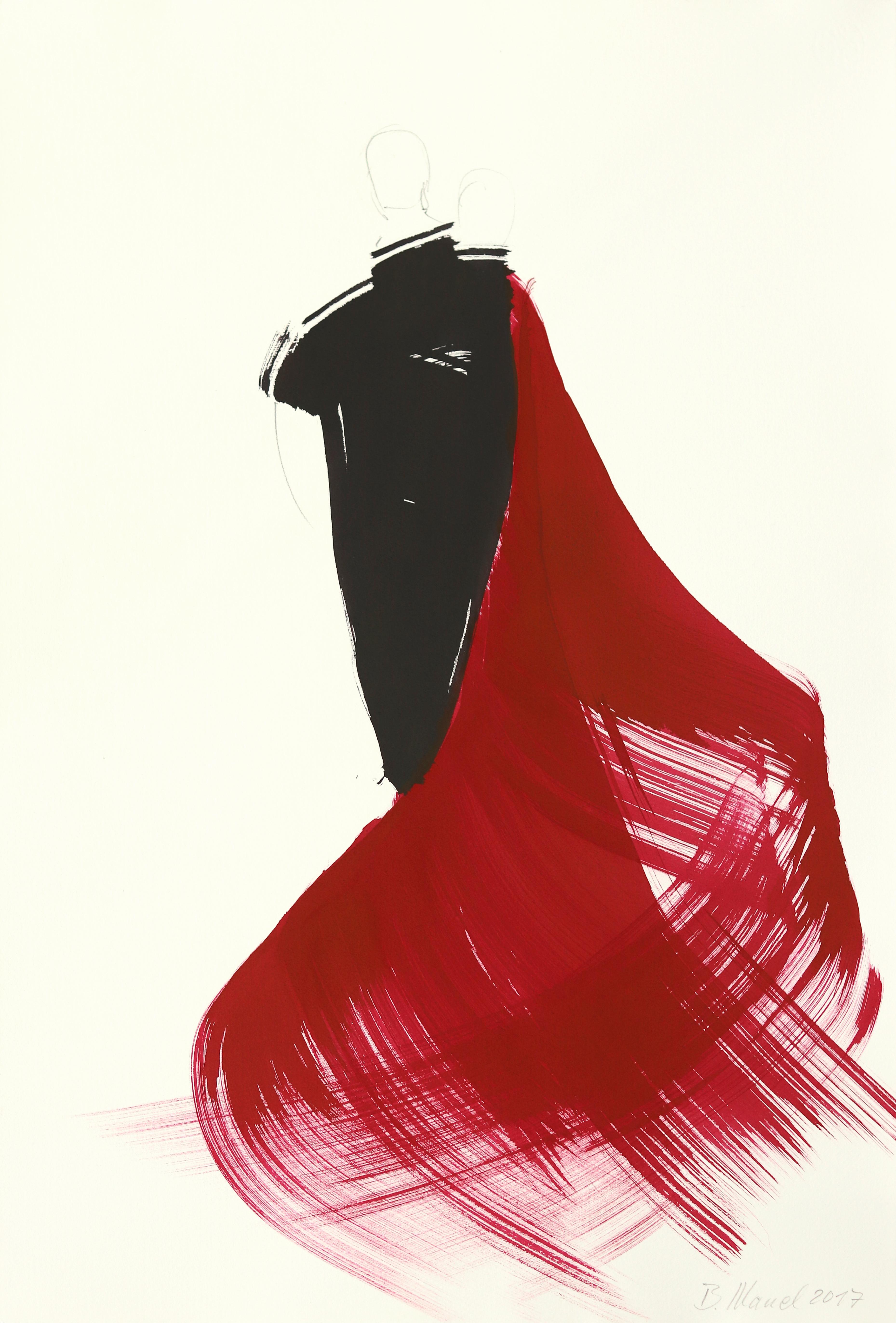 Abstract Painting di Bettina Mauel - Ballerine 30 - Pittura figurativa minimalista originale con inchiostro rosso e nero su carta