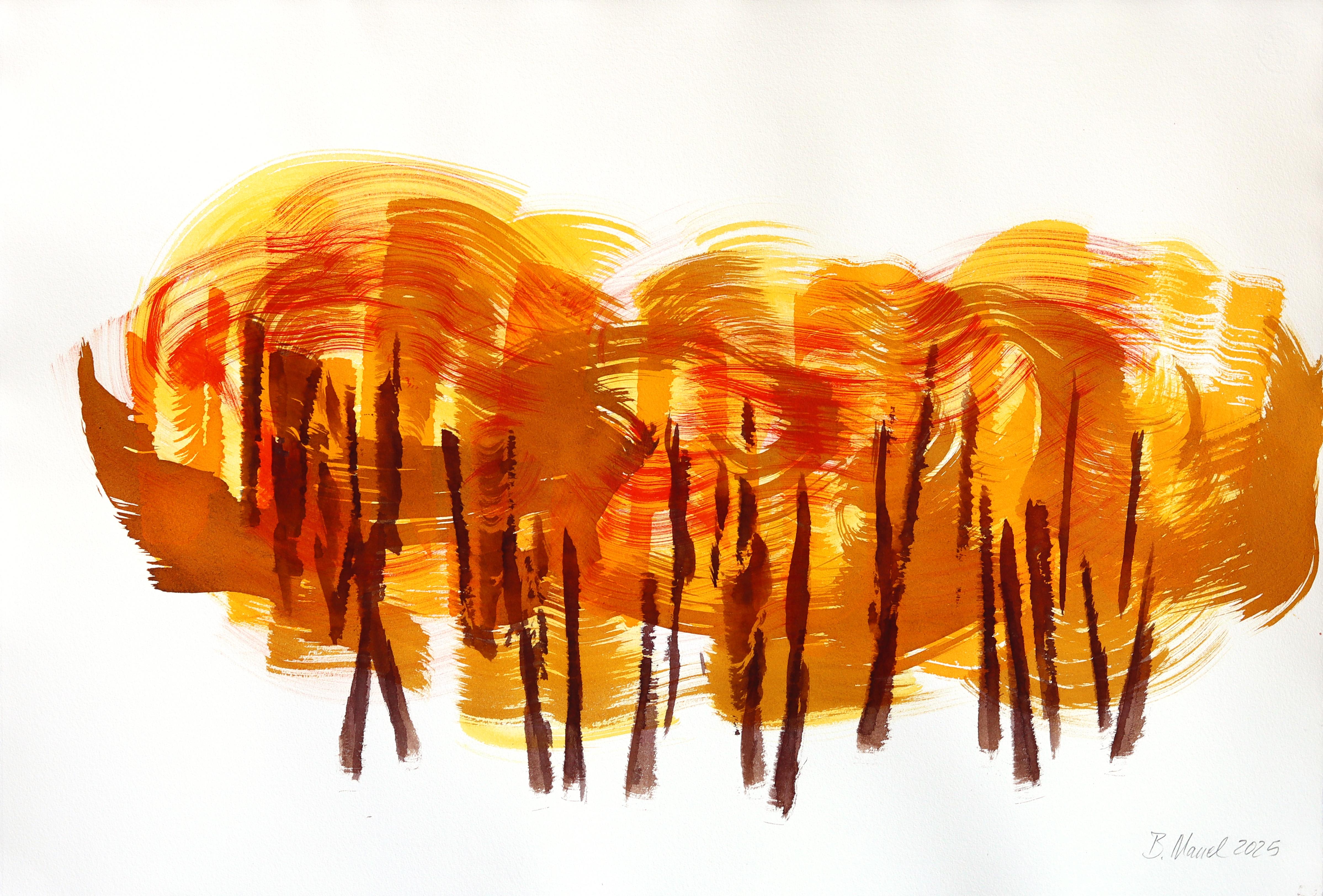 Forest 1 - Peinture à l'encre sur papier d'un paysage abstrait et expressif inspiré de l'automne