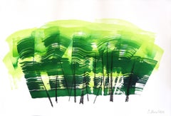 Foresta 3 - Paesaggio astratto espressivo dai toni verdi e gialli dipinto a inchiostro su carta