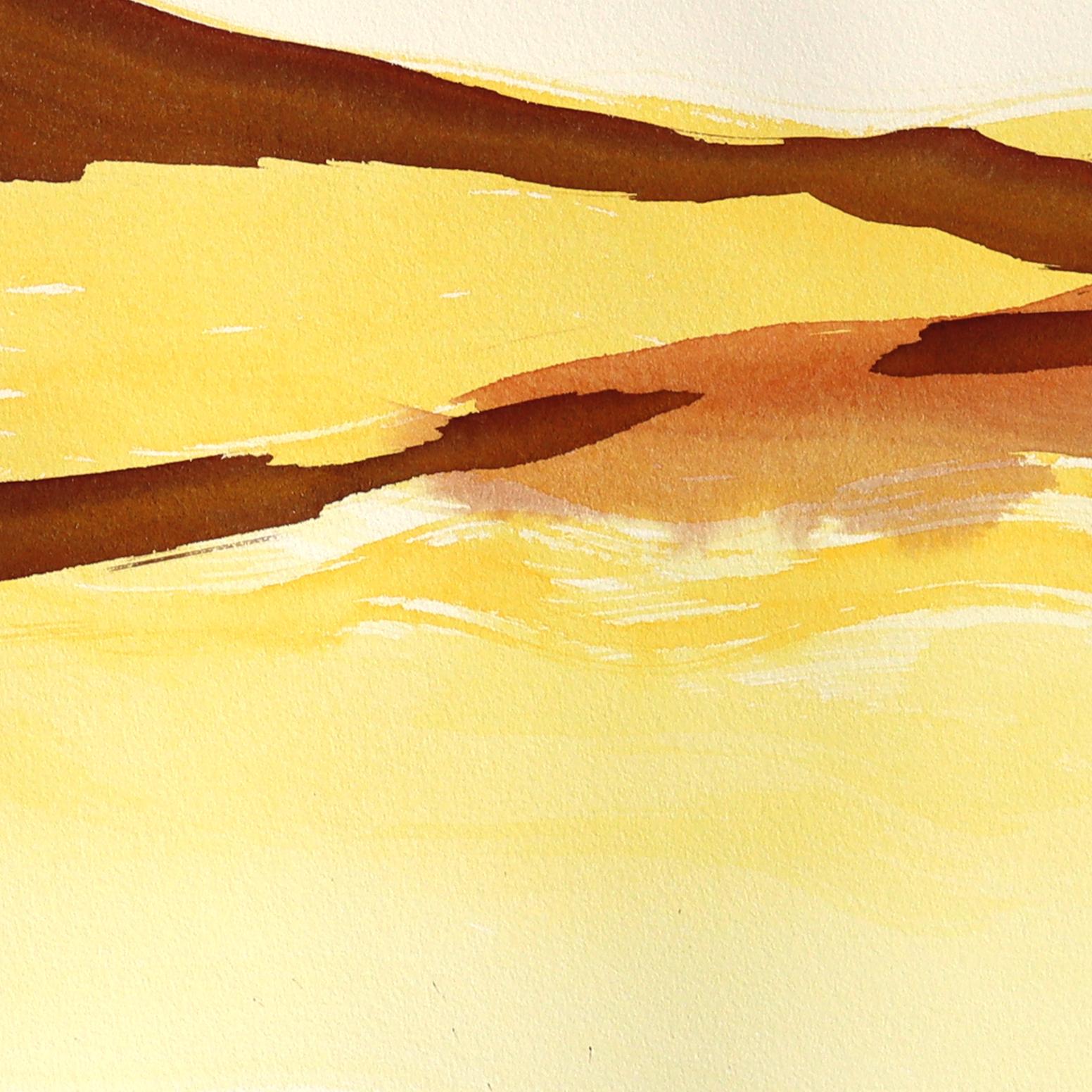 Golden Hour Landscape 1 - Abstrakte expressive Warmton-Tintenmalerei auf Papier – Painting von Bettina Mauel