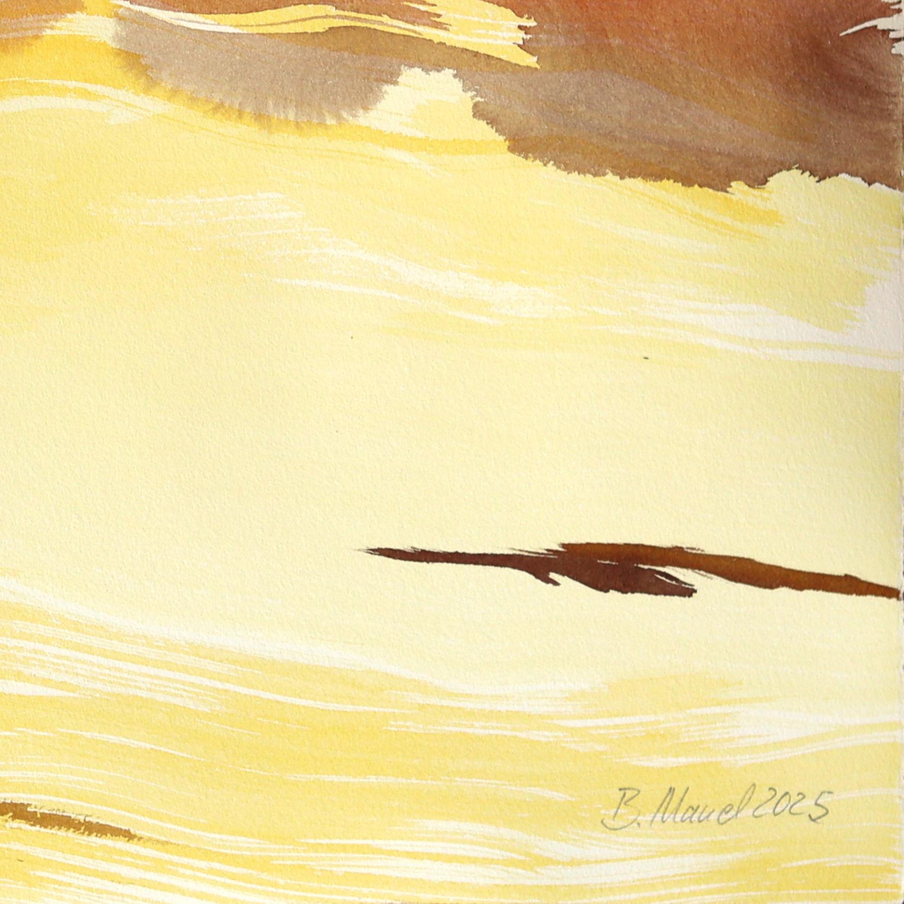 Golden Hour Landscape 1 - Abstrakte expressive Warmton-Tintenmalerei auf Papier im Angebot 2