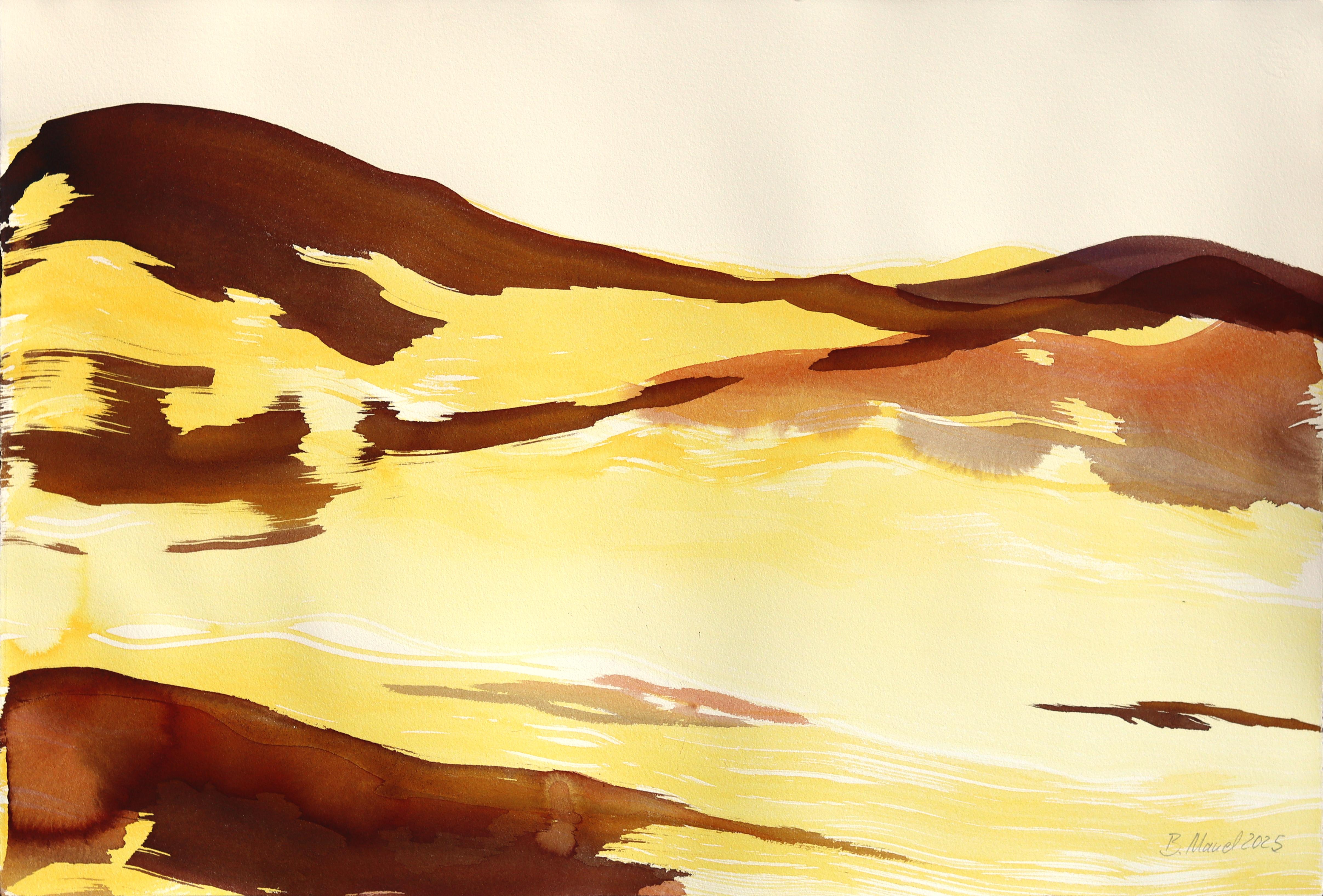 Golden Hour Landscape 1 - Abstract Expressive Warm Tone Ink Painting on Paper