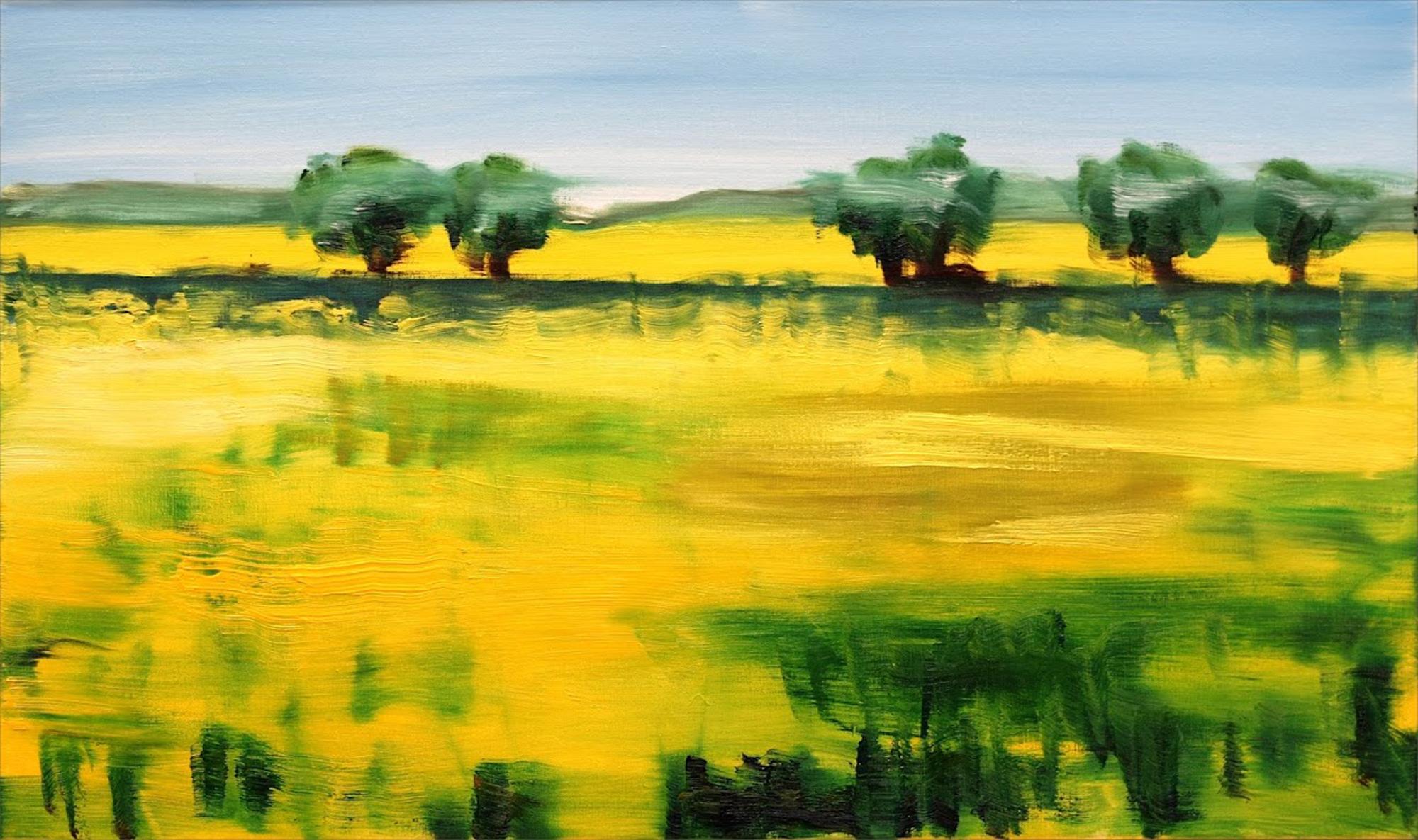 Open Fields II - Yellow and Green Abstract Landscape Oil Painting on Canvas