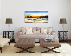 Shoreline III - Pittura ad olio astratta di grandi dimensioni con paesaggio blu e giallo