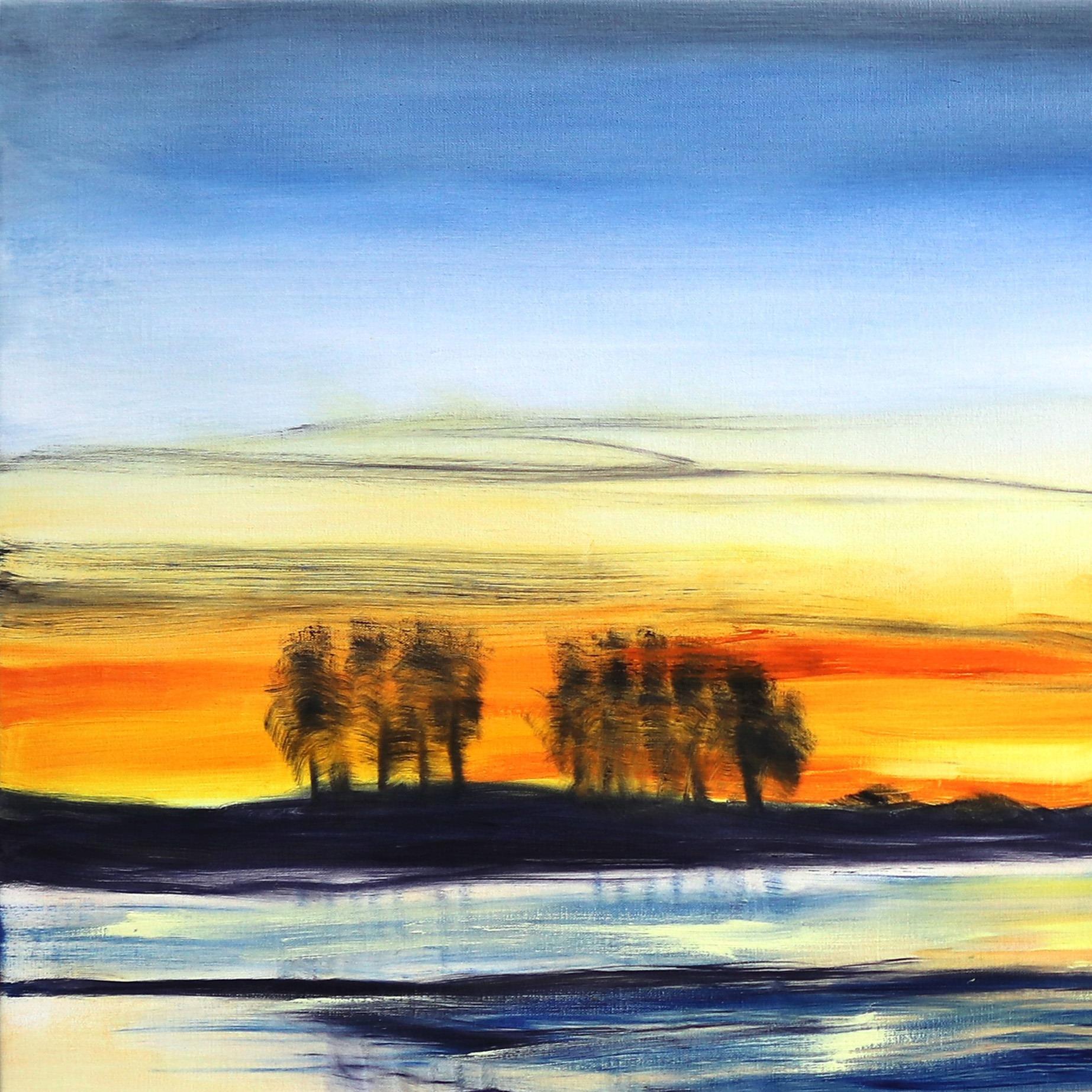 Shoreline III - Großes abstraktes blau-gelbes Landschaftsgemälde, Ölgemälde (Abstrakt), Painting, von Bettina Mauel