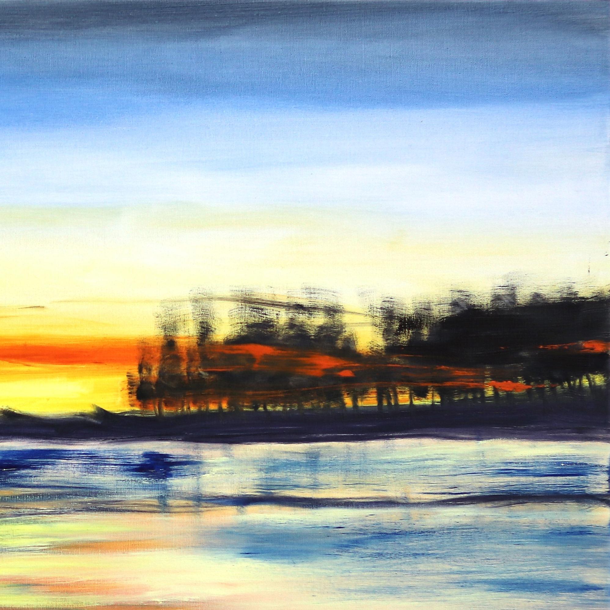 Shoreline III - Large Original Abstract Blue and Yellow Landscape Oil Painting - Beige Landscape Painting by Bettina Mauel