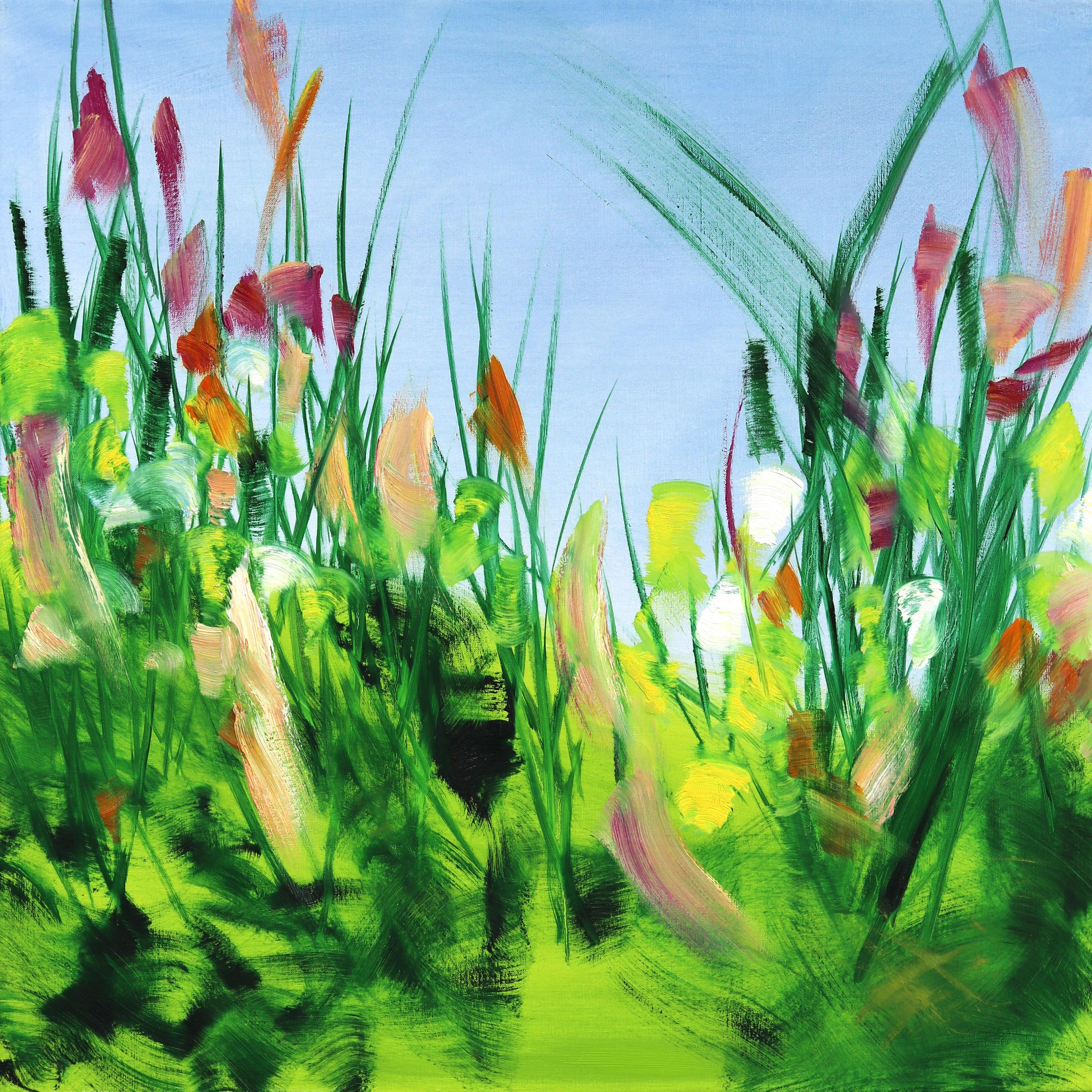 Springpower II - Serene Contemporary Oil Painting WildFlower Green Meadow Field (peinture à l'huile contemporaine avec des fleurs sauvages)