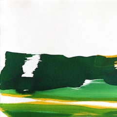 Paesaggio illuminato dal sole 1 - Pittura astratta espressiva a inchiostro verde e giallo su carta