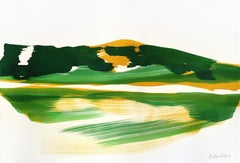 Sunlit Landscape 1 - Abstract Expressive Green and Yellow Ink Painting on Paper