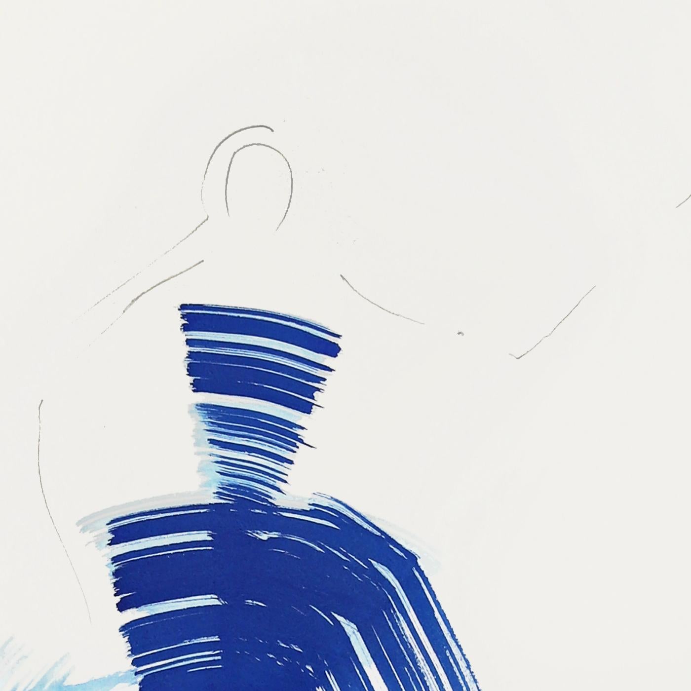 The Blue Dress 11 - Blue Minimalist Figurative Ink Painting - Gray Abstract Painting by Bettina Mauel