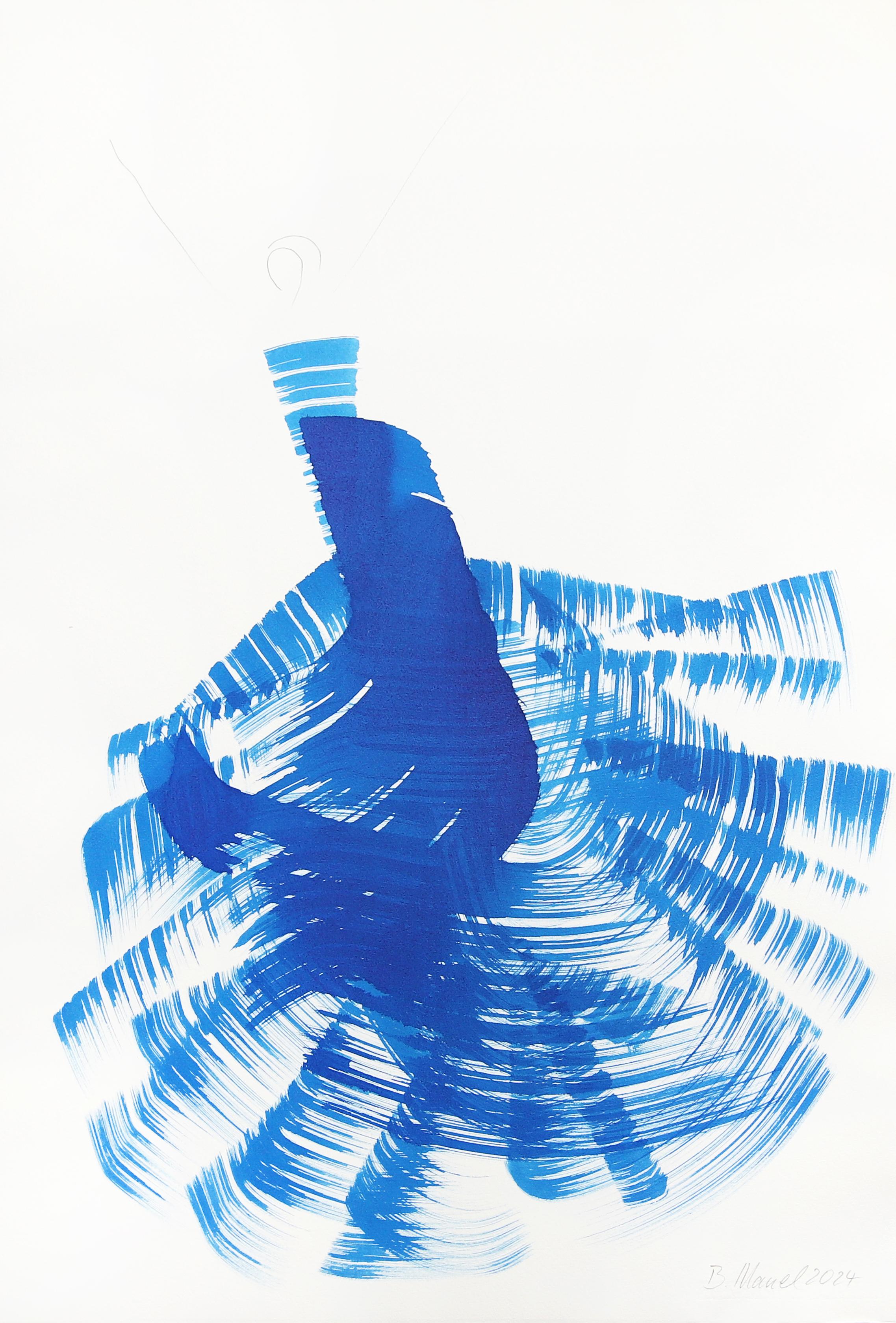 The Blue Dress 18 - Peinture à l'encre originale figurative minimaliste sur papier