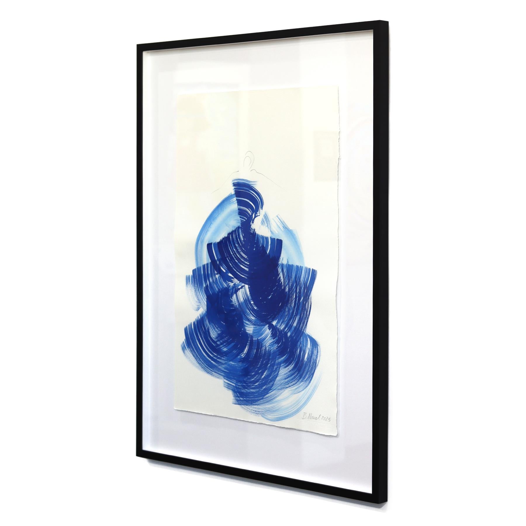 The Blue Dress 22 - Abstract Framed Minimalist Figurative Ink Painting on Paper im Angebot 1
