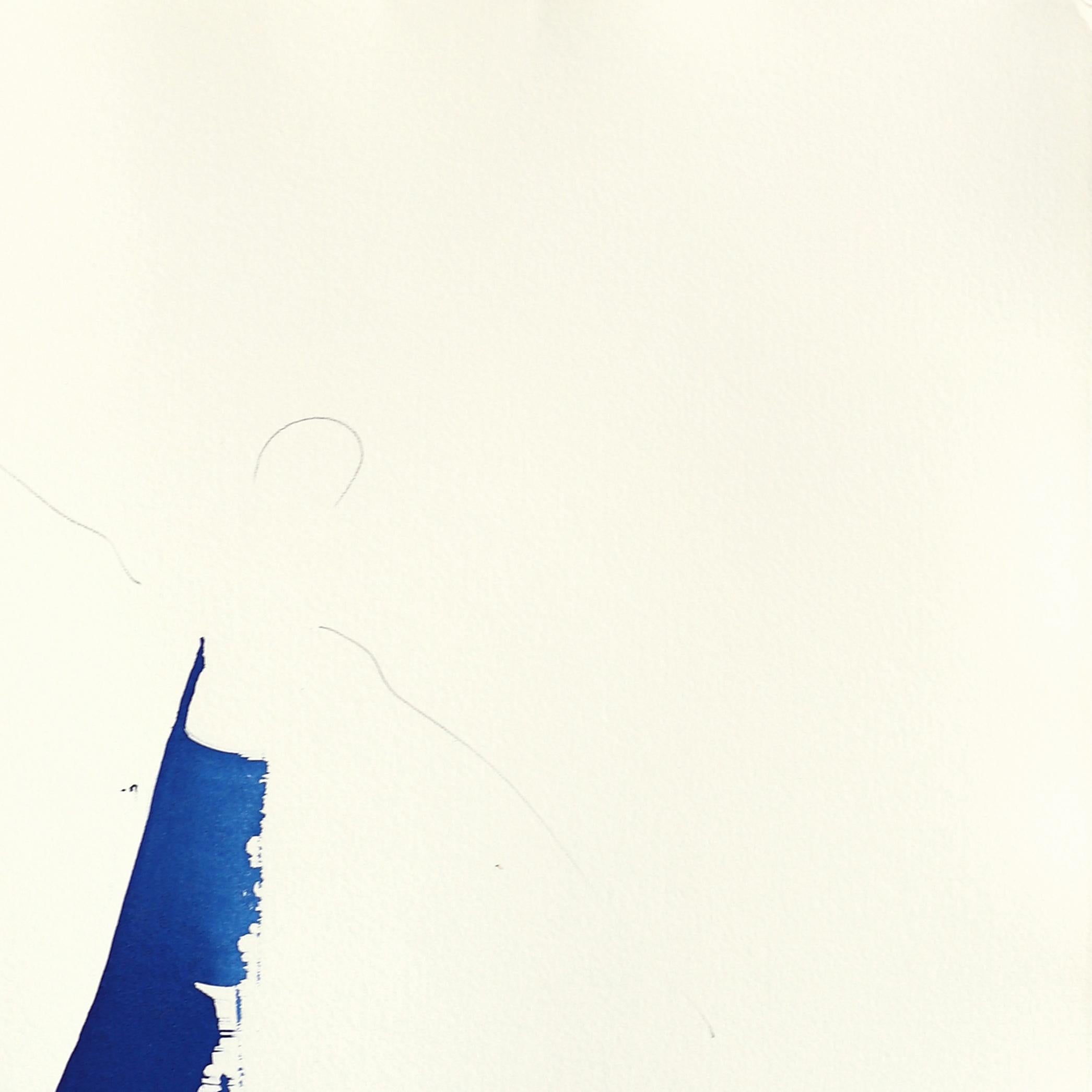 The Blue Dress 24 - Abstract Flowy Minimalist Figurative Ink Painting on Paper im Angebot 1