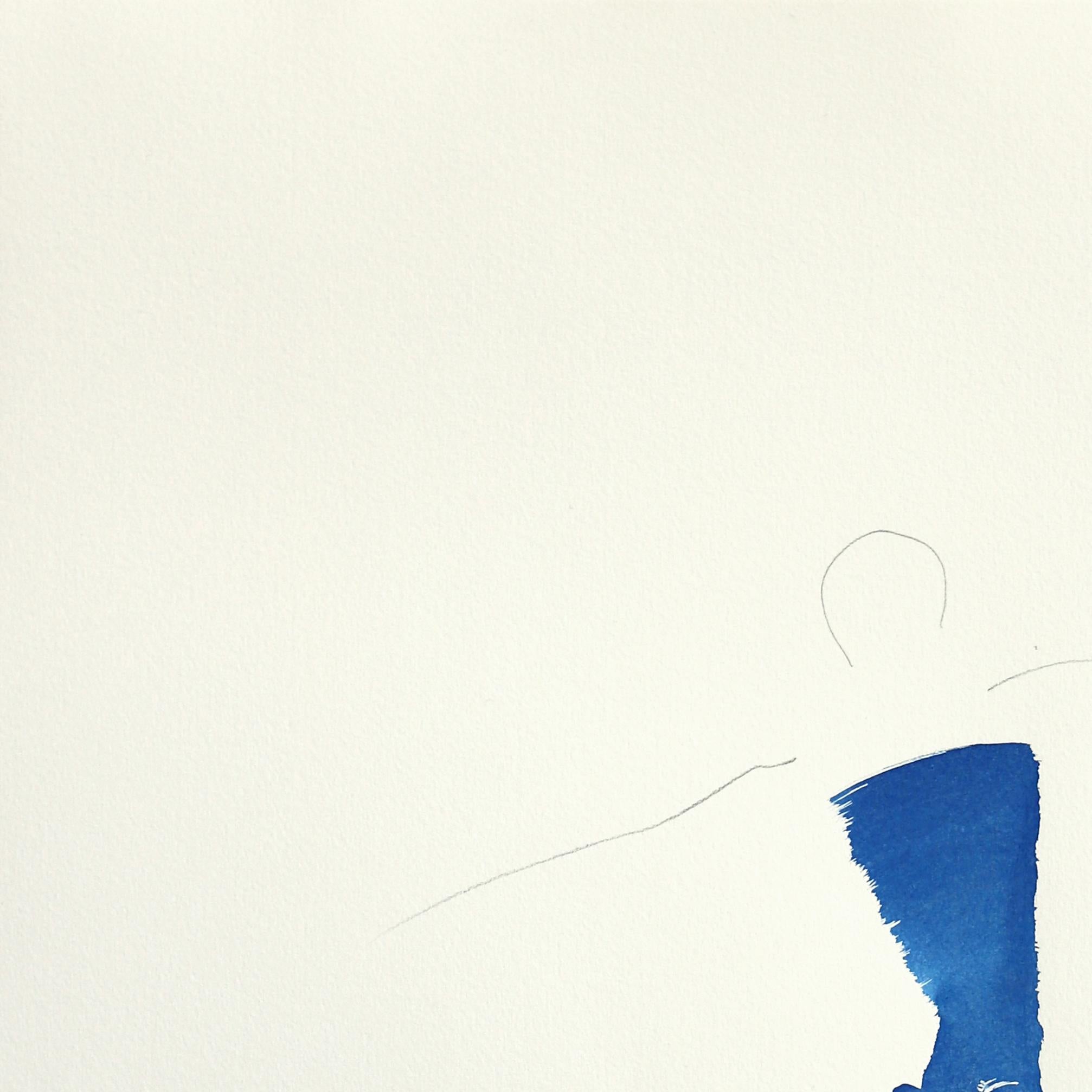 The Blue Dress 25 - Minimalistisches figuratives Original-Tintegemälde auf Papier (Abstrakt), Painting, von Bettina Mauel