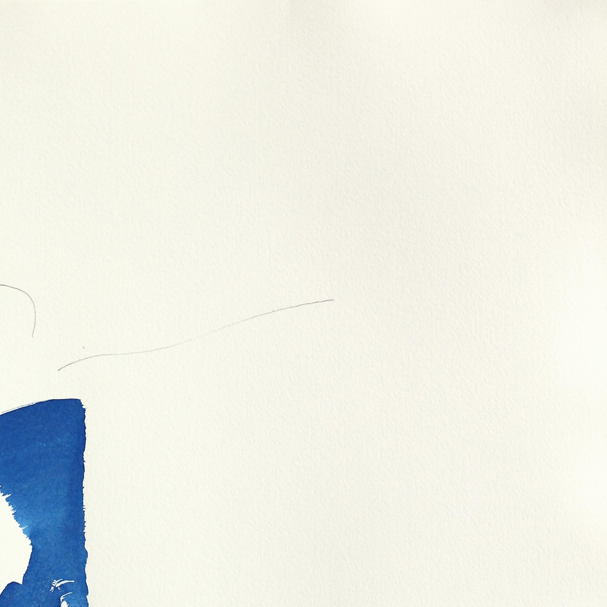 The Blue Dress 25 - Minimalistisches figuratives Original-Tintegemälde auf Papier (Grau), Figurative Painting, von Bettina Mauel