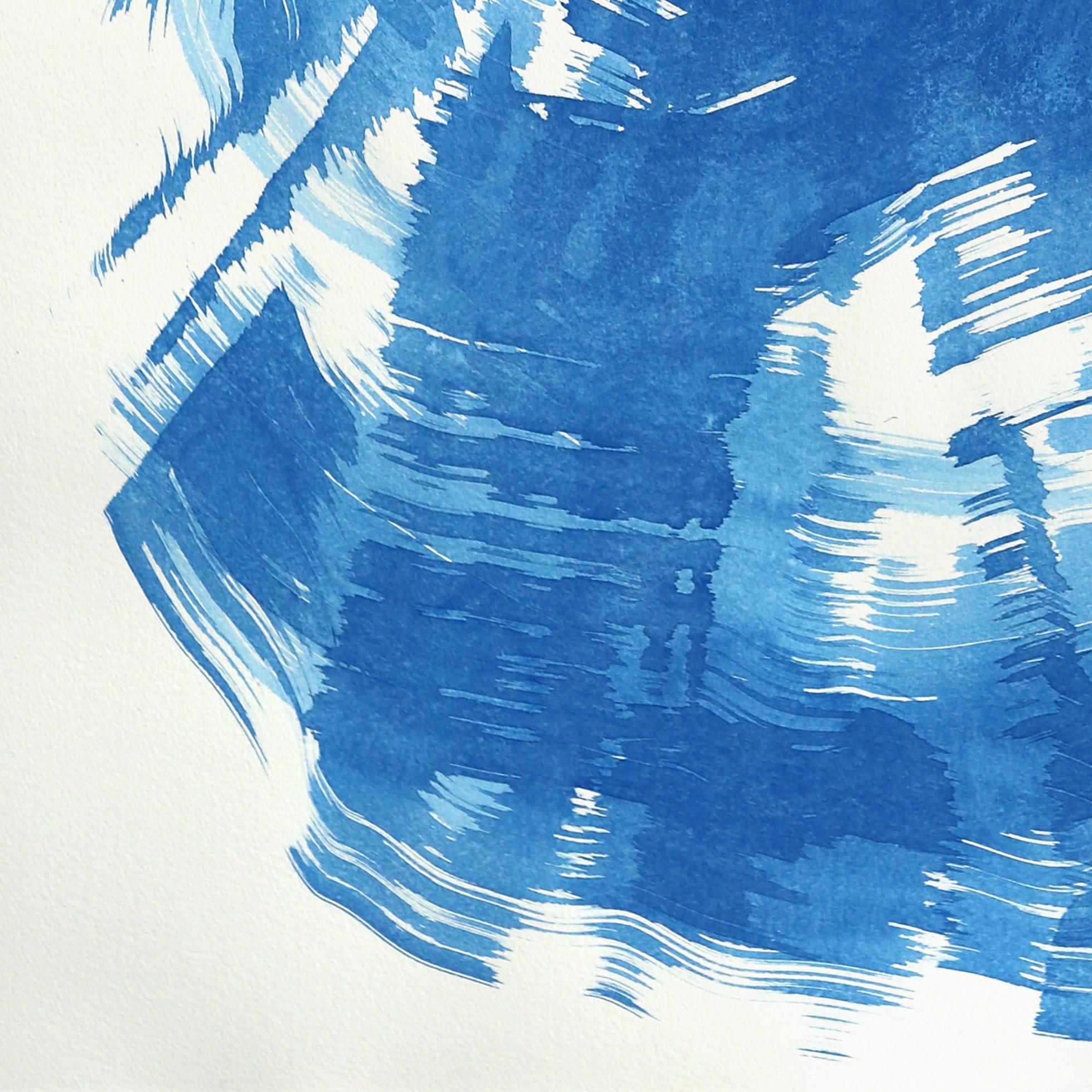 Das blaue Kleid 26 - Abstrakte fließende minimalistische figurative Tuschemalerei auf Papier im Angebot 1