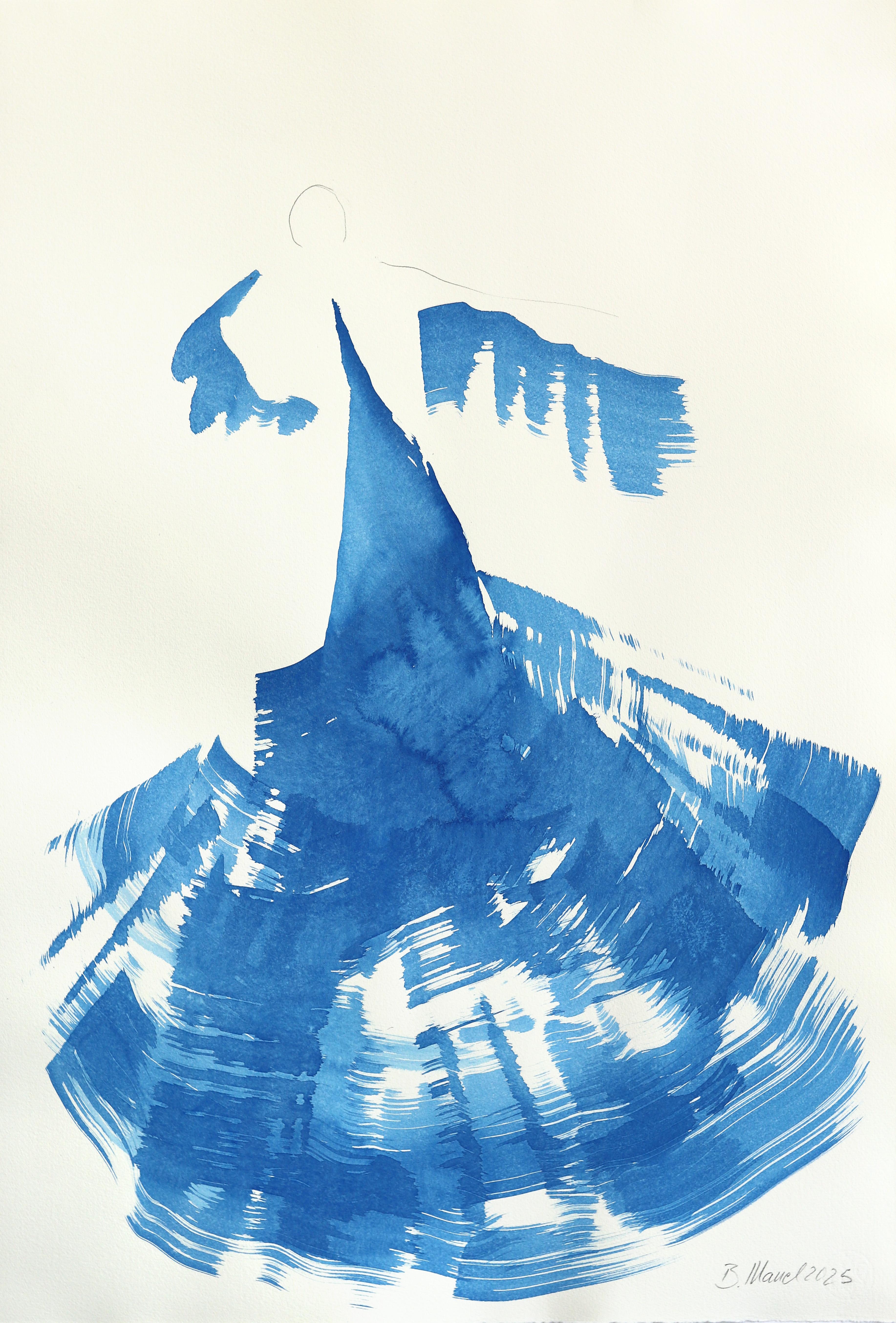 Bettina Mauel Abstract Painting – Das blaue Kleid 26 - Abstrakte fließende minimalistische figurative Tuschemalerei auf Papier