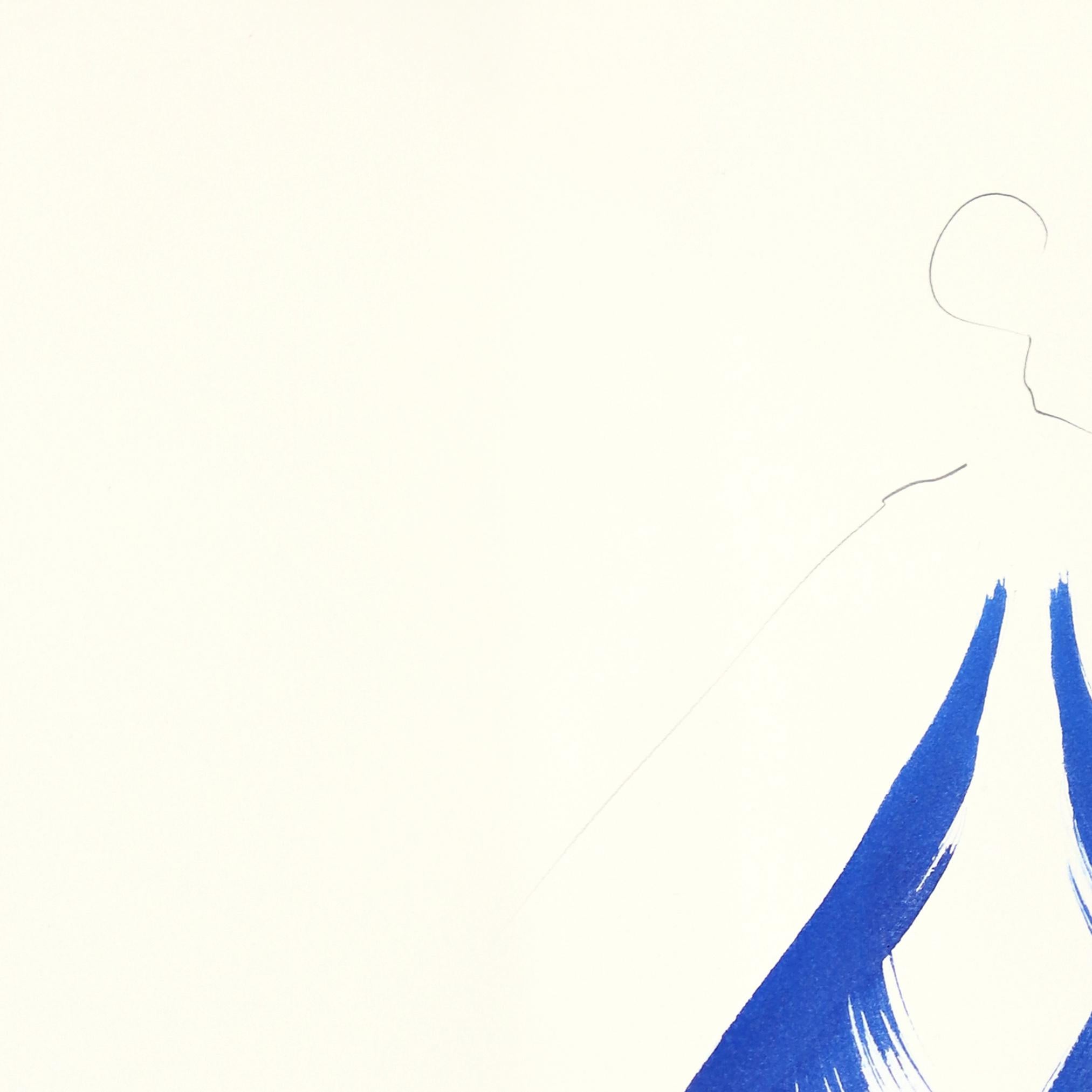 El vestido azul 3 - Pintura figurativa minimalista a tinta original sobre papel - Painting de Bettina Mauel