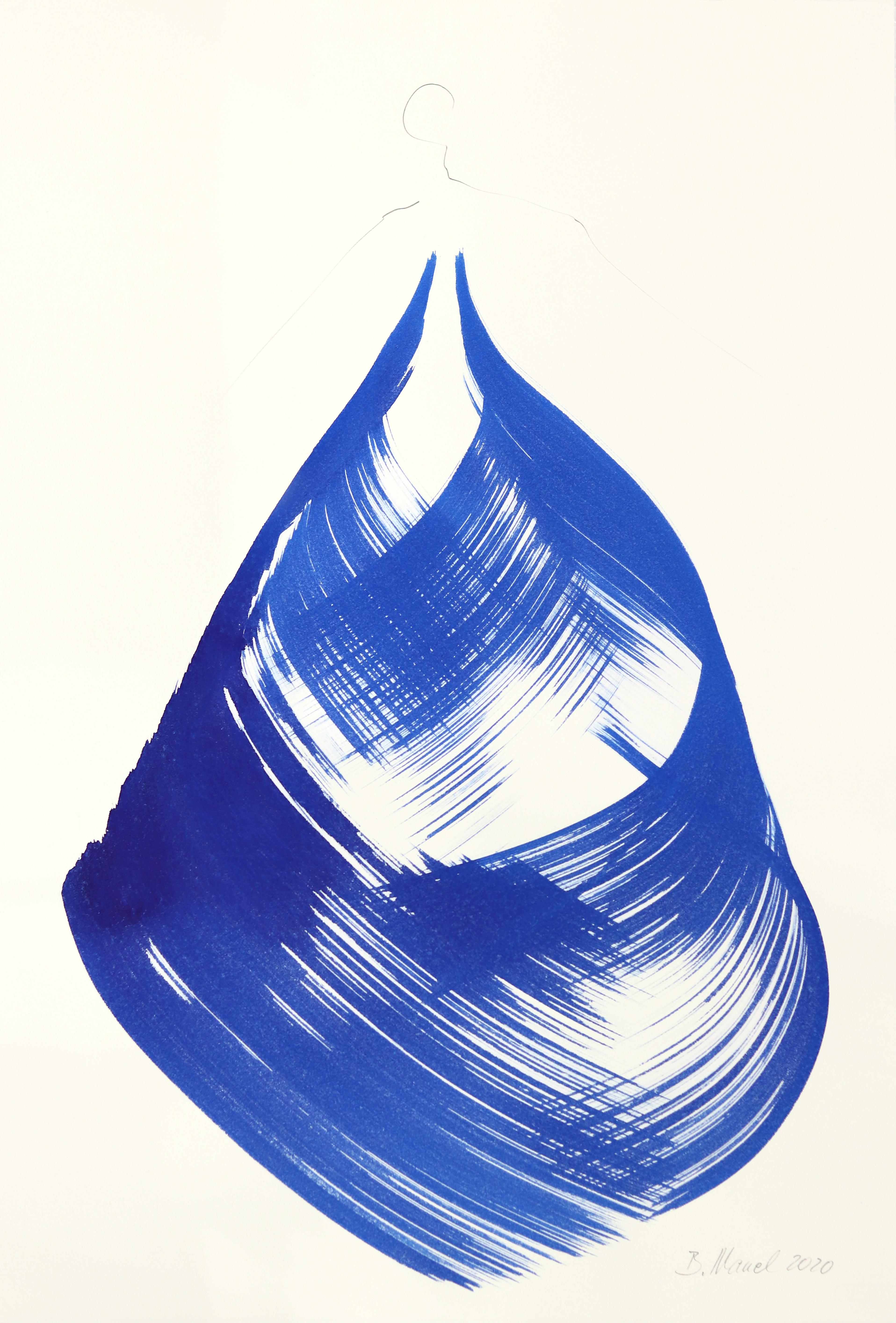 Abstract Painting de Bettina Mauel - El vestido azul 3 - Pintura figurativa minimalista a tinta original sobre papel
