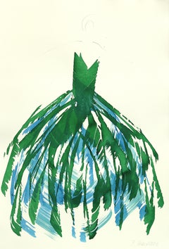 The Blue Green Dress 1 - Abstract Minimalist Figurative Ink Painting on Paper