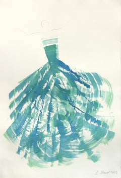 The Blue Green Dress 7 - Abstract Flowy Minimalist Figurative Ink Art on Paper (en anglais)