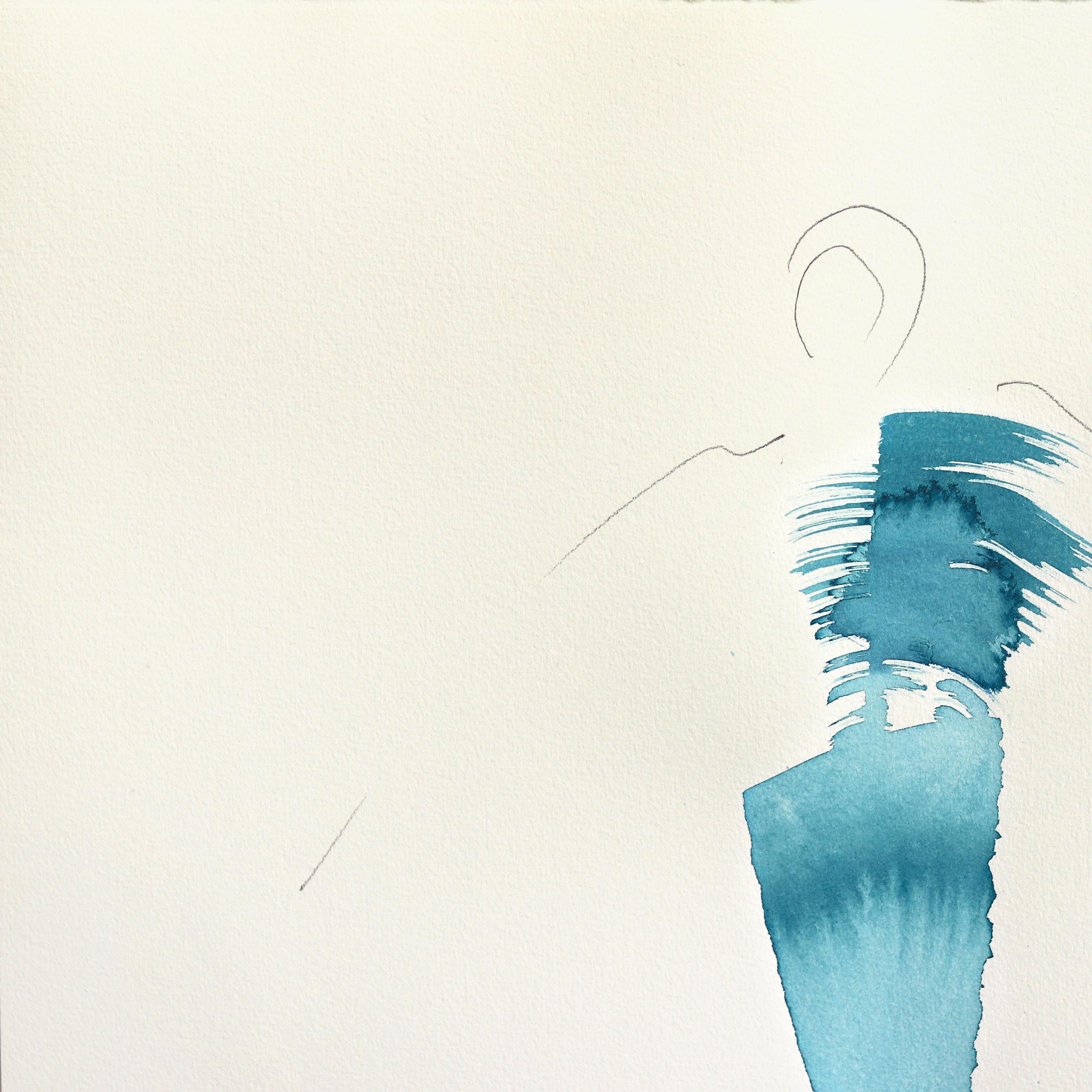 The Cyan Dress 2 - Minimalist Feminine Figurative Original Ink Painting on Paper - White Abstract Painting by Bettina Mauel