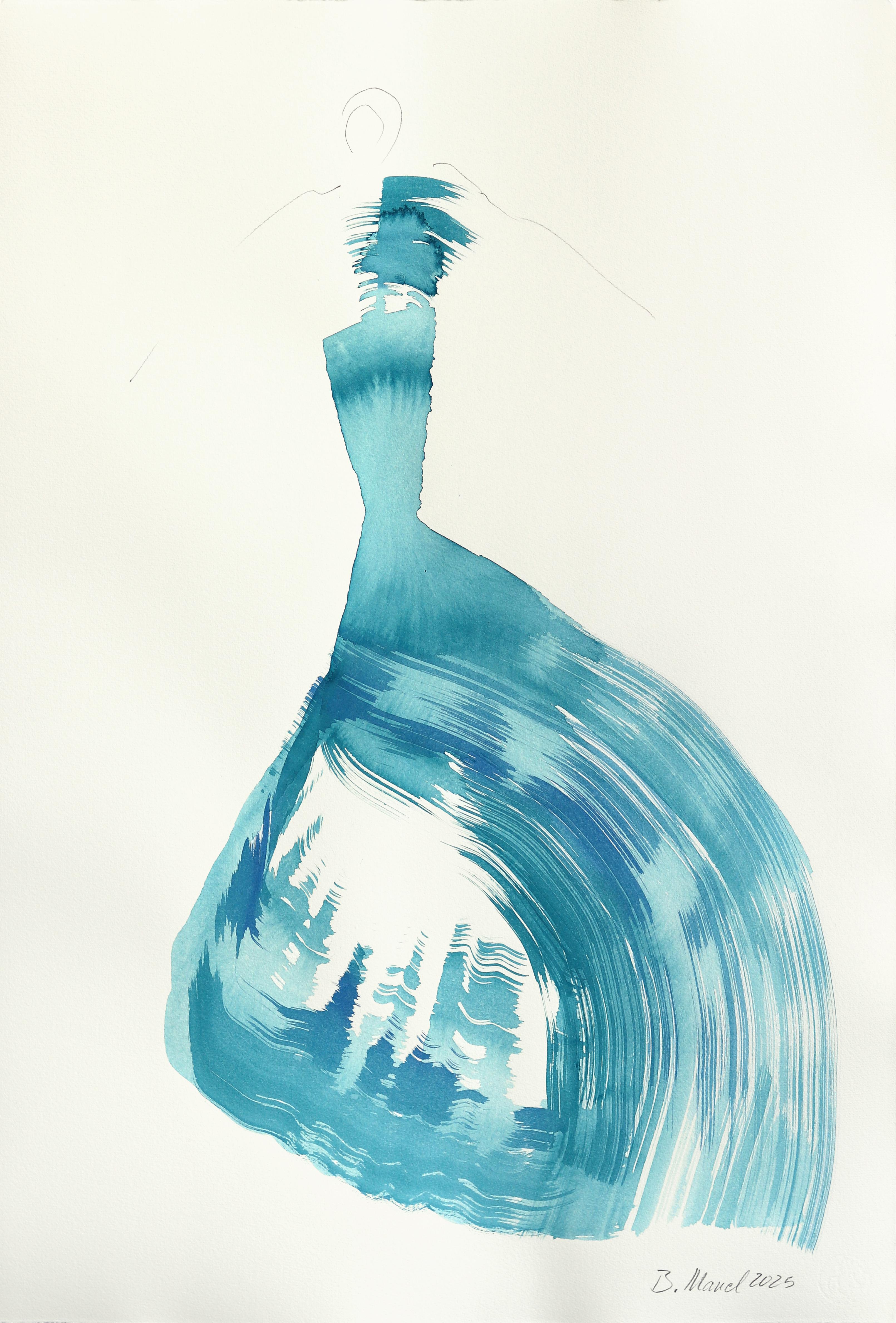 Bettina Mauel Abstract Painting - The Cyan Dress 2 - Minimalist Feminine Figurative Original Ink Painting on Paper