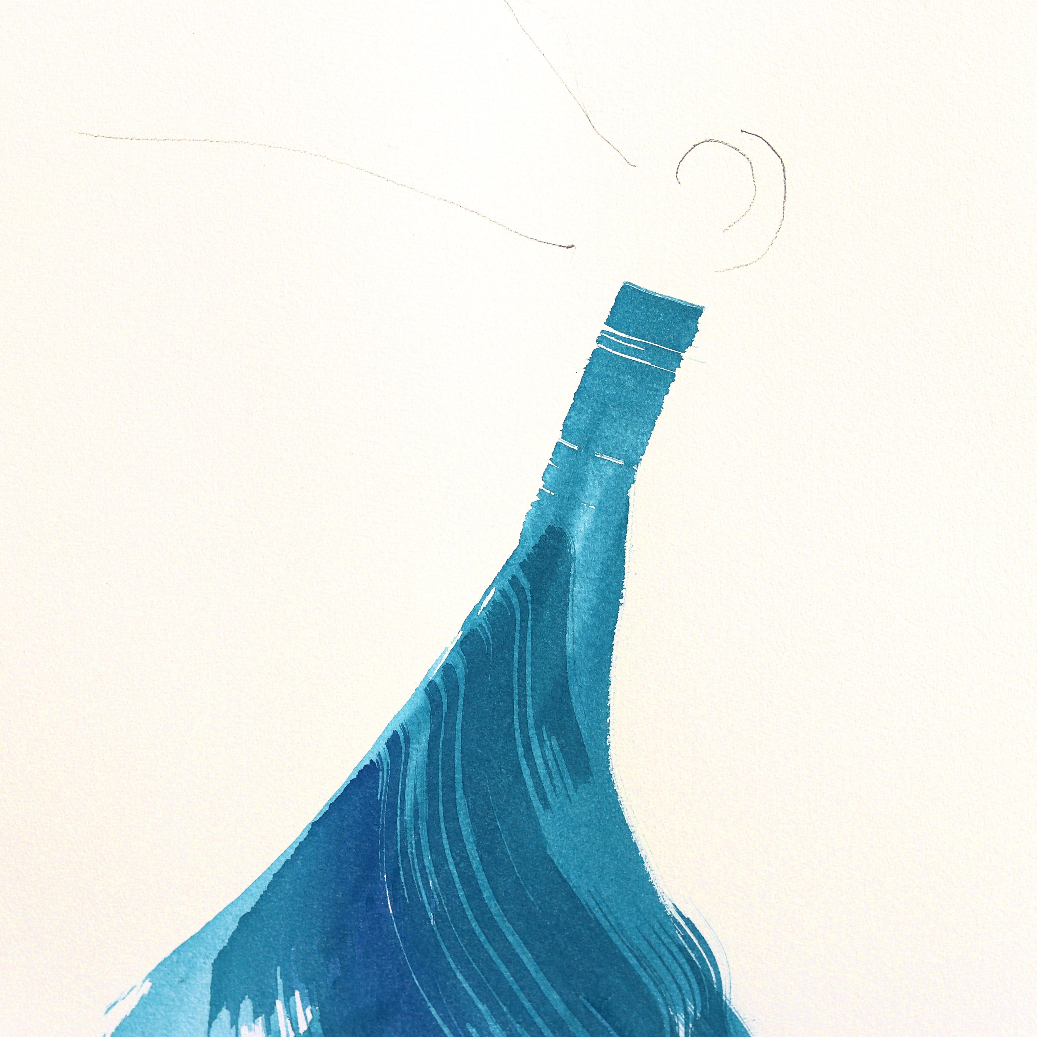 The Cyan Dress 4 - Minimalist Feminine Figurative Original Ink Painting on Paper - Gray Figurative Painting by Bettina Mauel