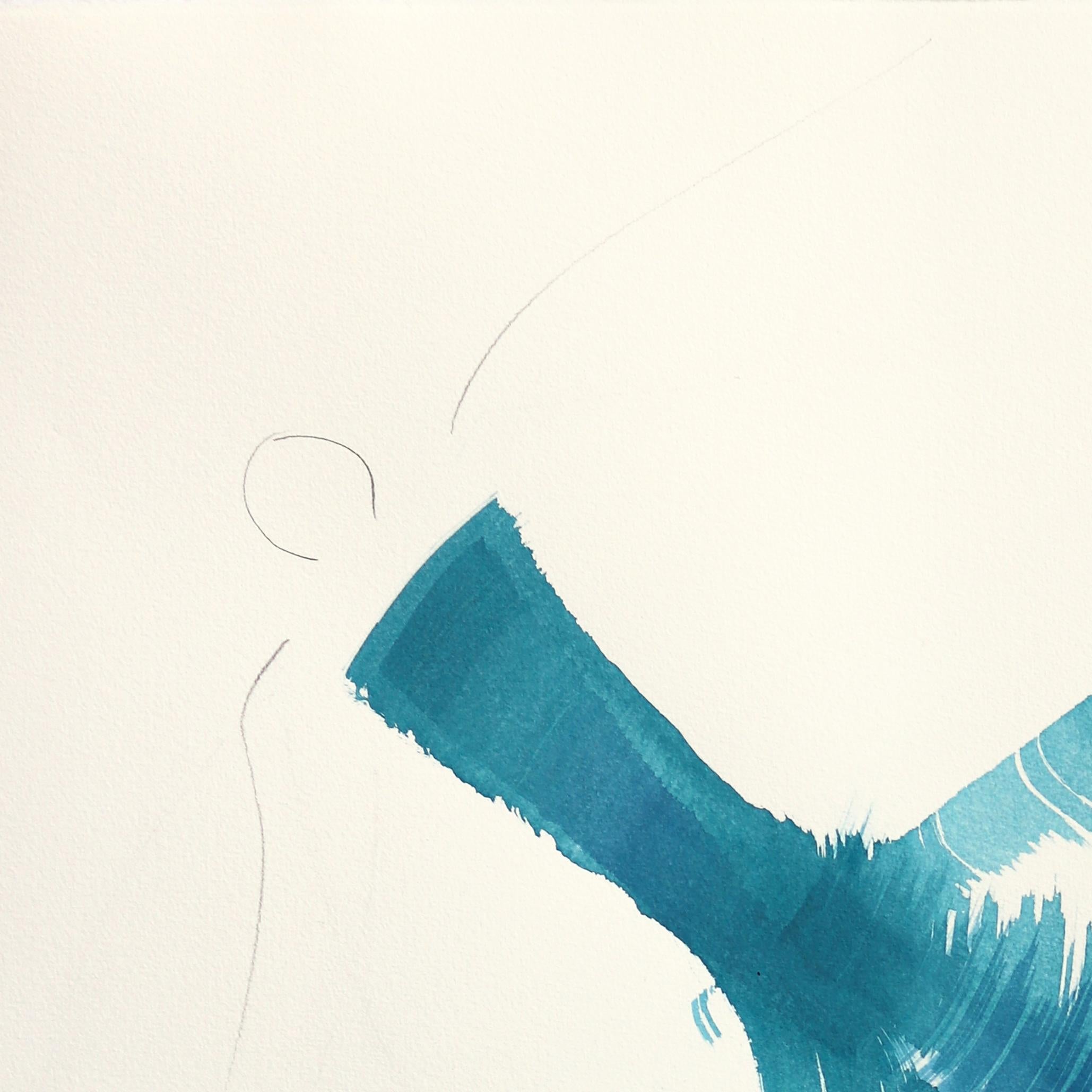 Das blaue Kleid 5 - Abstrakte fließende minimalistische figurative Tuschemalerei auf Papier – Painting von Bettina Mauel