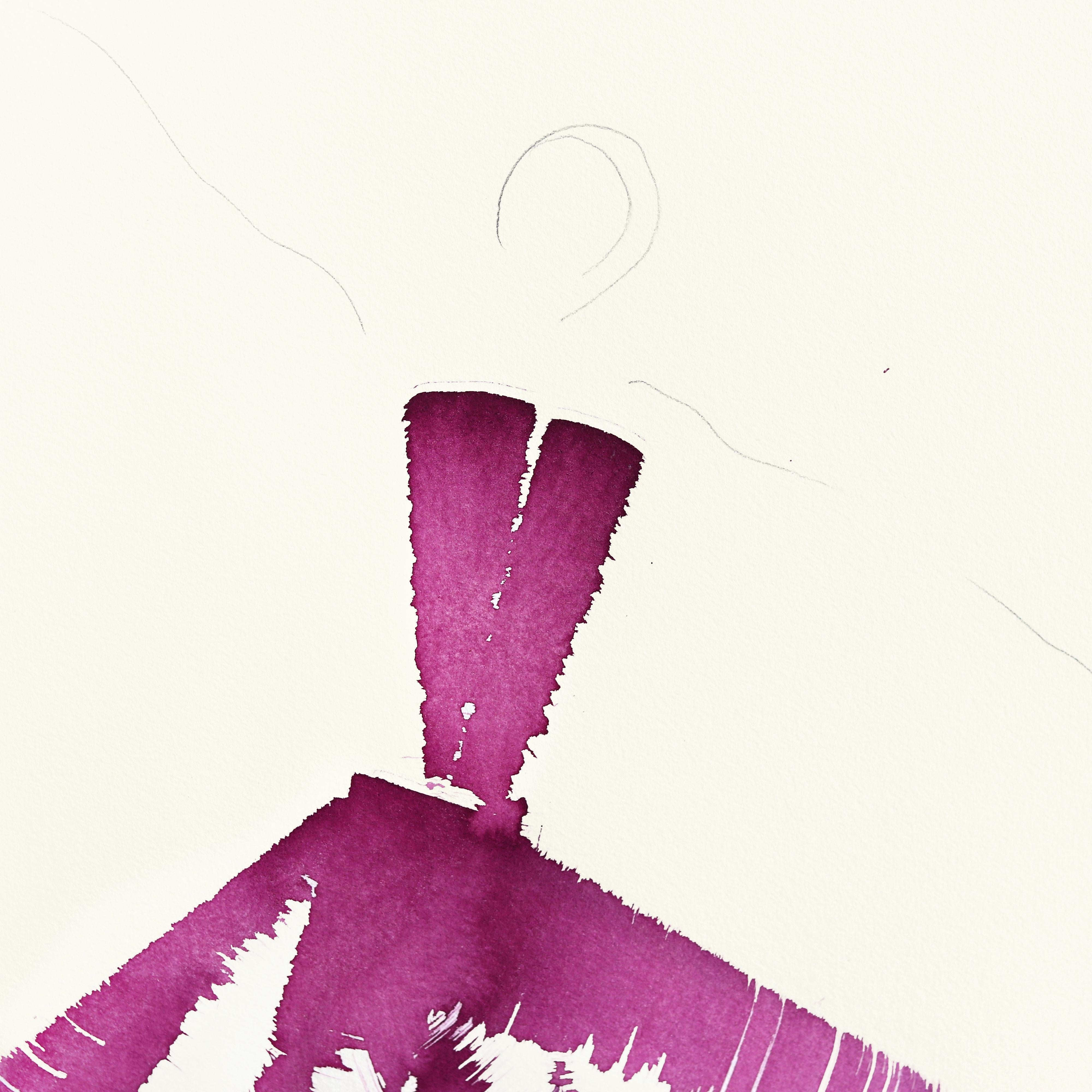The Deep Magenta Dress 7 - Abstract Minimalist Figurative Ink Painting on Paper For Sale 1