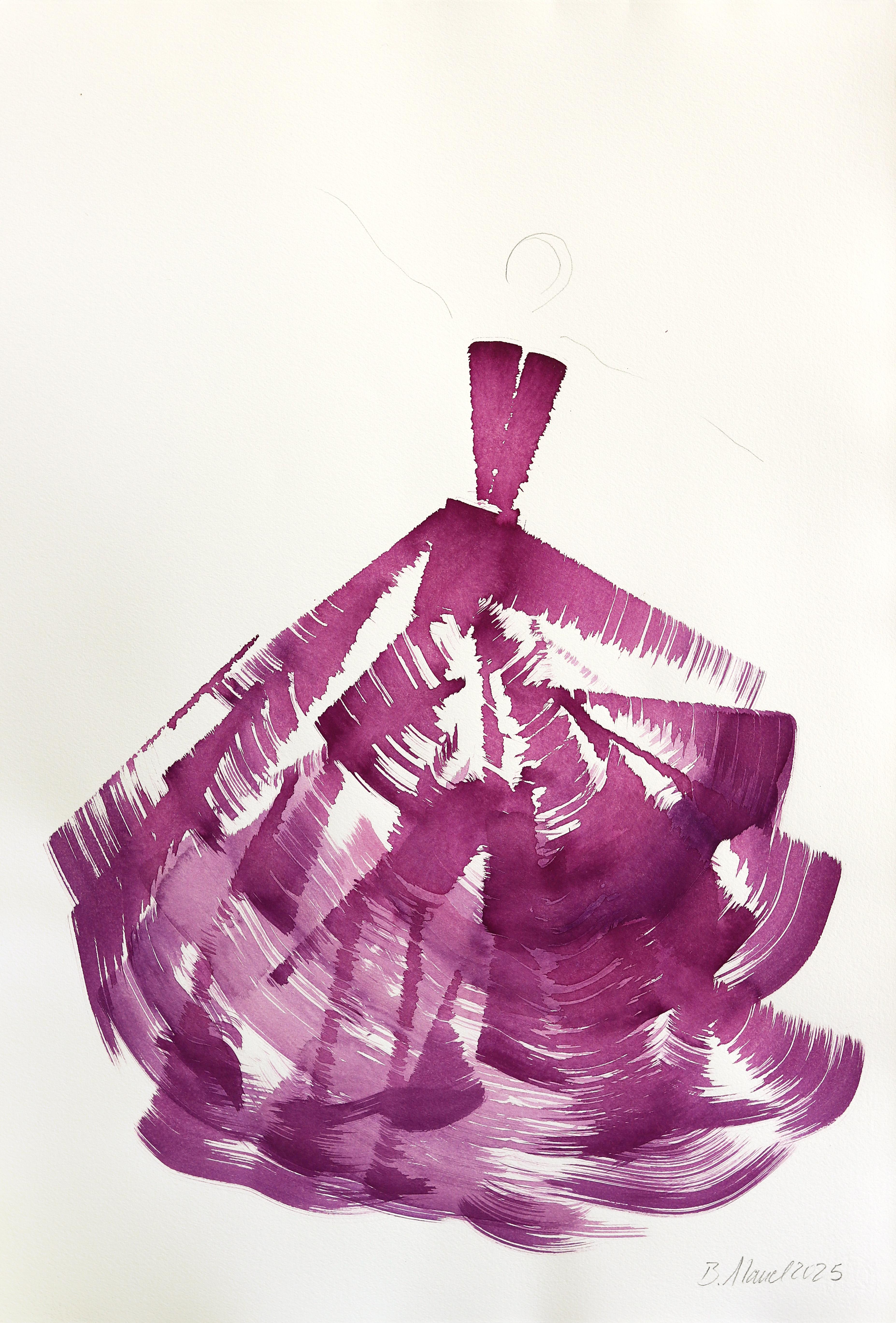 Bettina Mauel Abstract Painting - The Deep Magenta Dress 7 - Abstract Minimalist Figurative Ink Painting on Paper